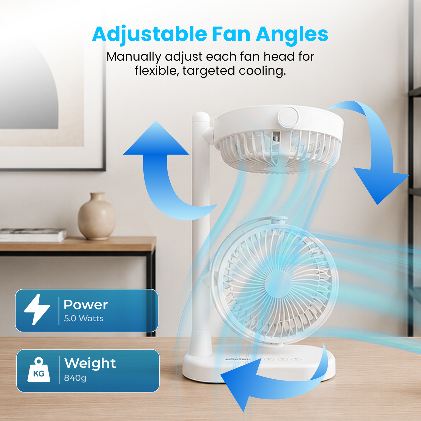 Schallen Dual Head USB-C Fan | Portable Desk Fan with 2 Speeds | White