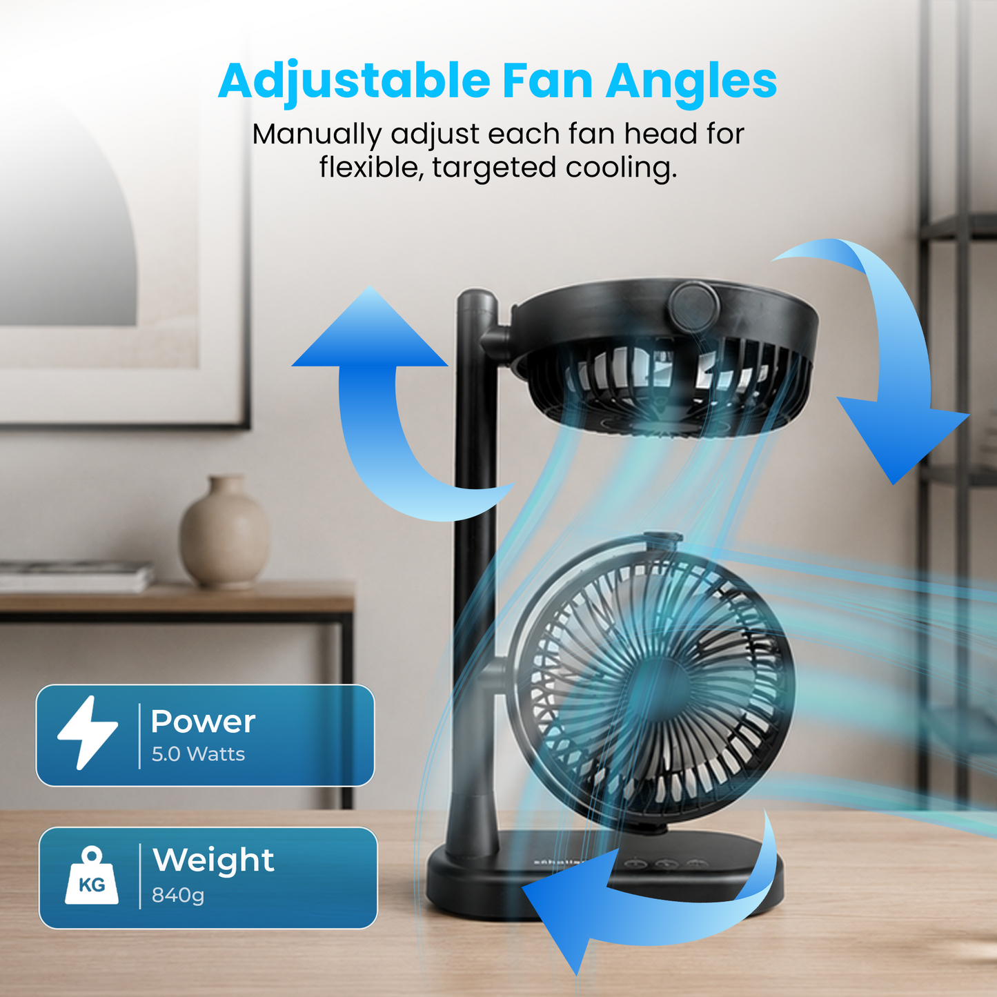 Schallen Dual Head USB-C Fan | Portable Desk Fan with 2 Speeds | Black
