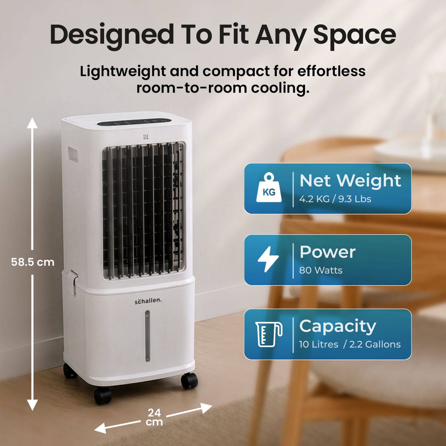 Schallen Portable Air Cooler with Humidifier & Air Purifier, 10L Water Tank, 3 Speed & Mode Settings, Remote Control + 2 Ice Packs