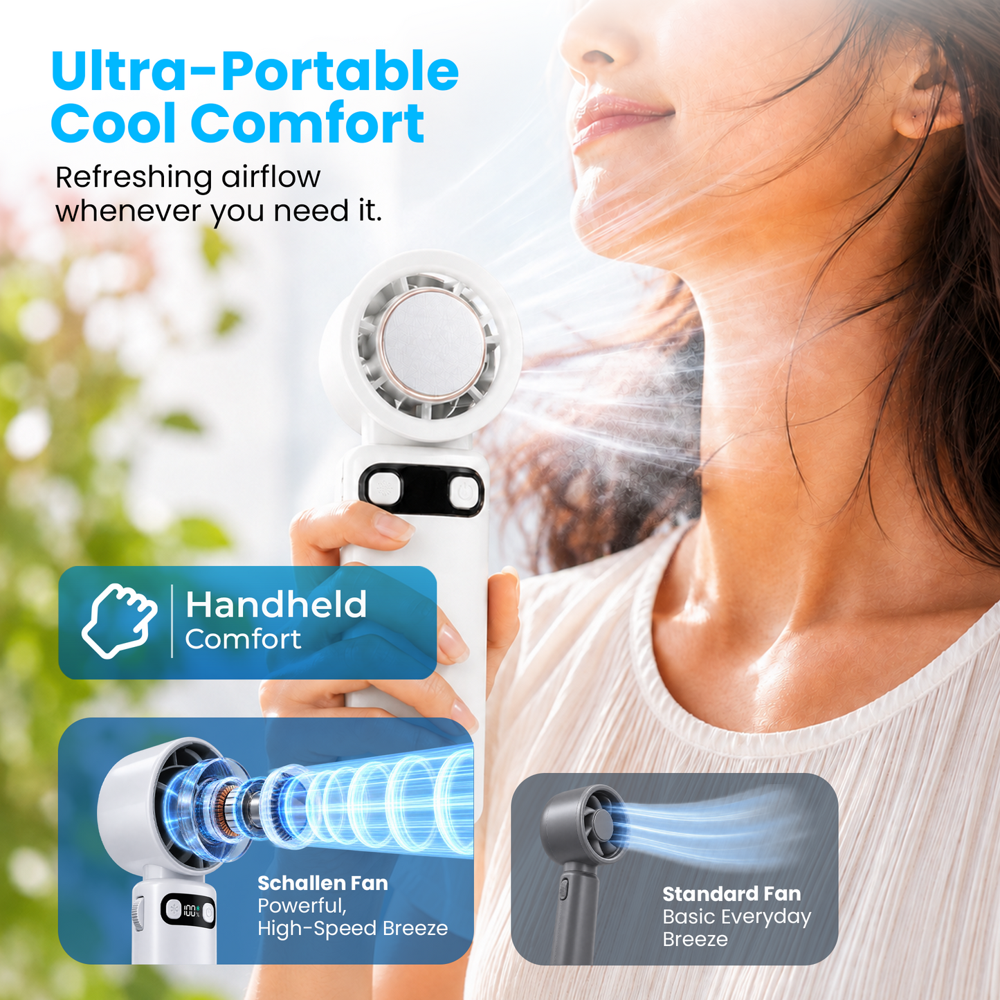 Schallen Handheld Fan with Ice Cooling Plate, 100-Speed Portable Rechargeable Fan, 4000mAh Battery, Up to 11 Hours Runtime & Digital Display for Travel, Office and Outdoors (Available in Grey & White)