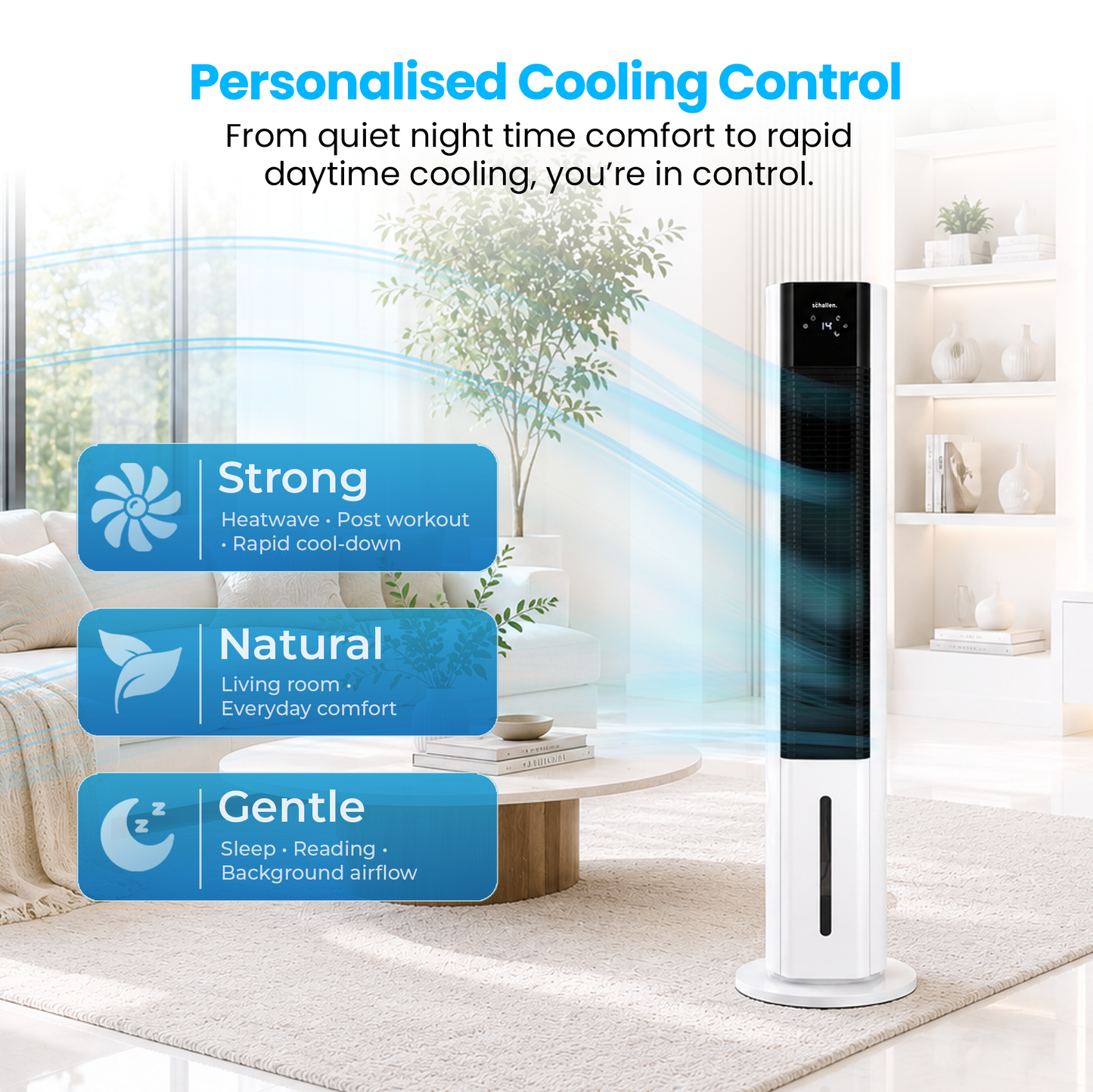 Schallen 5.4L Portable Air Cooler with Remote Control | Evaporative Tower Fan Cooler with 3 Speeds, 12H Timer, Digital & Energy Efficient, 2 Ice Packs in Black & White (Copy)