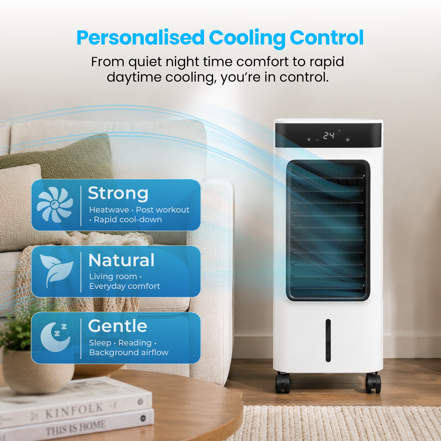 Schallen 9L Portable Air Cooler with Remote Control | Evaporative Tower Fan Cooler with 3 Speeds, 12H Timer, Digital & Energy Efficient, 2 Ice Packs in Black & White (Copy) (Copy)