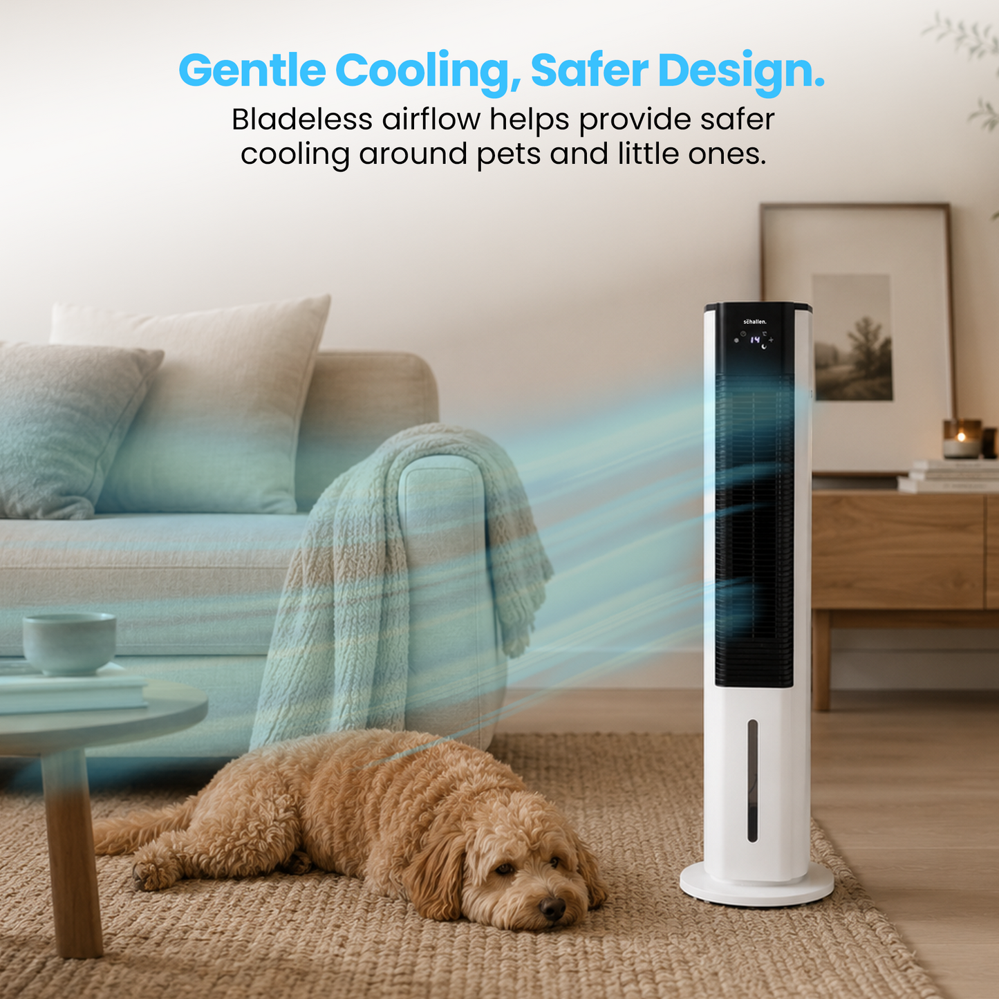 Schallen 5.4L Portable Air Cooler with Remote Control | Evaporative Tower Fan Cooler with 3 Speeds, 12H Timer, Digital & Energy Efficient, 2 Ice Packs in Black & White (Copy)
