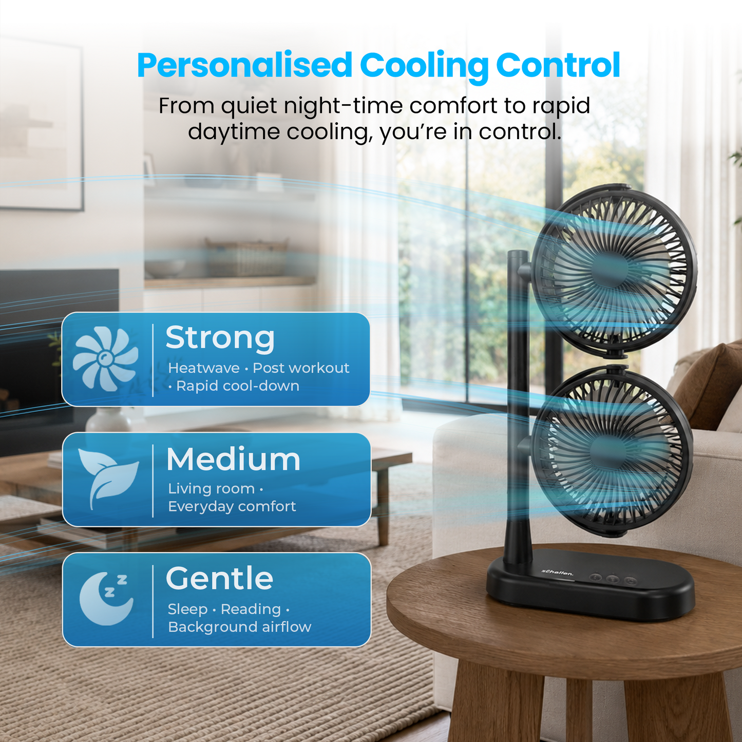 Schallen Dual Head USB-C Fan | Portable Desk Fan with 2 Speeds | Black