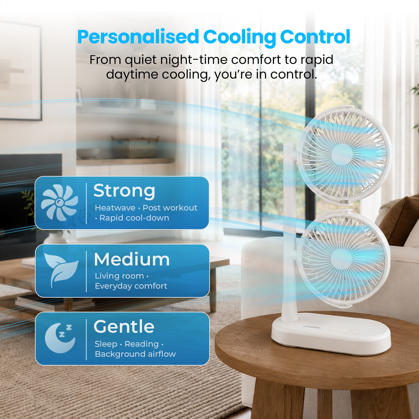 Schallen Dual Head USB-C Fan | Portable Desk Fan with 2 Speeds | White