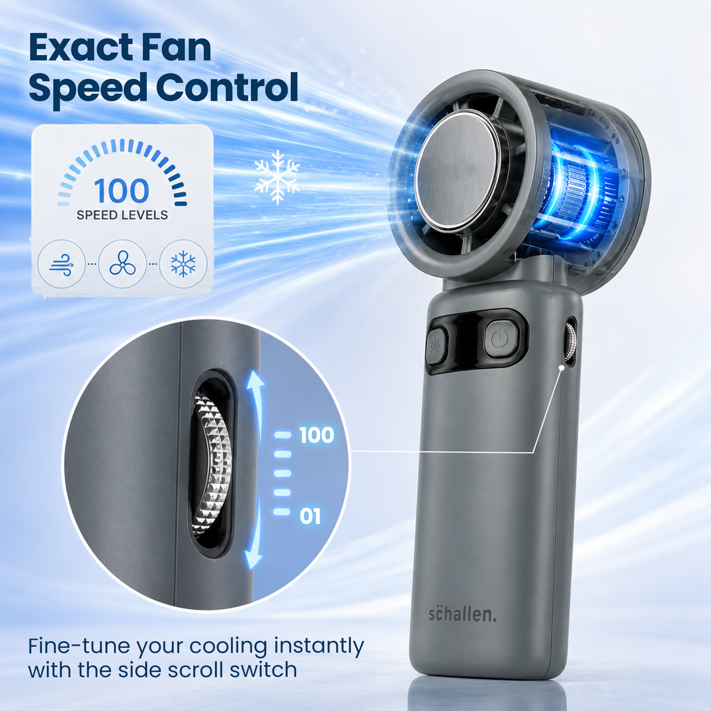 Schallen Handheld Fan with Ice Cooling Plate, 100-Speed Portable Rechargeable Fan, 4000mAh Battery, Up to 11 Hours Runtime & Digital Display for Travel, Office and Outdoors (Available in Grey & White)