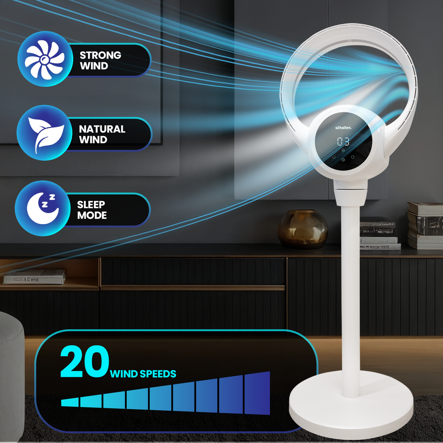 Schallen 2 in 1 Bladeless Floor Fan and Desktop Table Fan Modern White and Black with Digital Display
