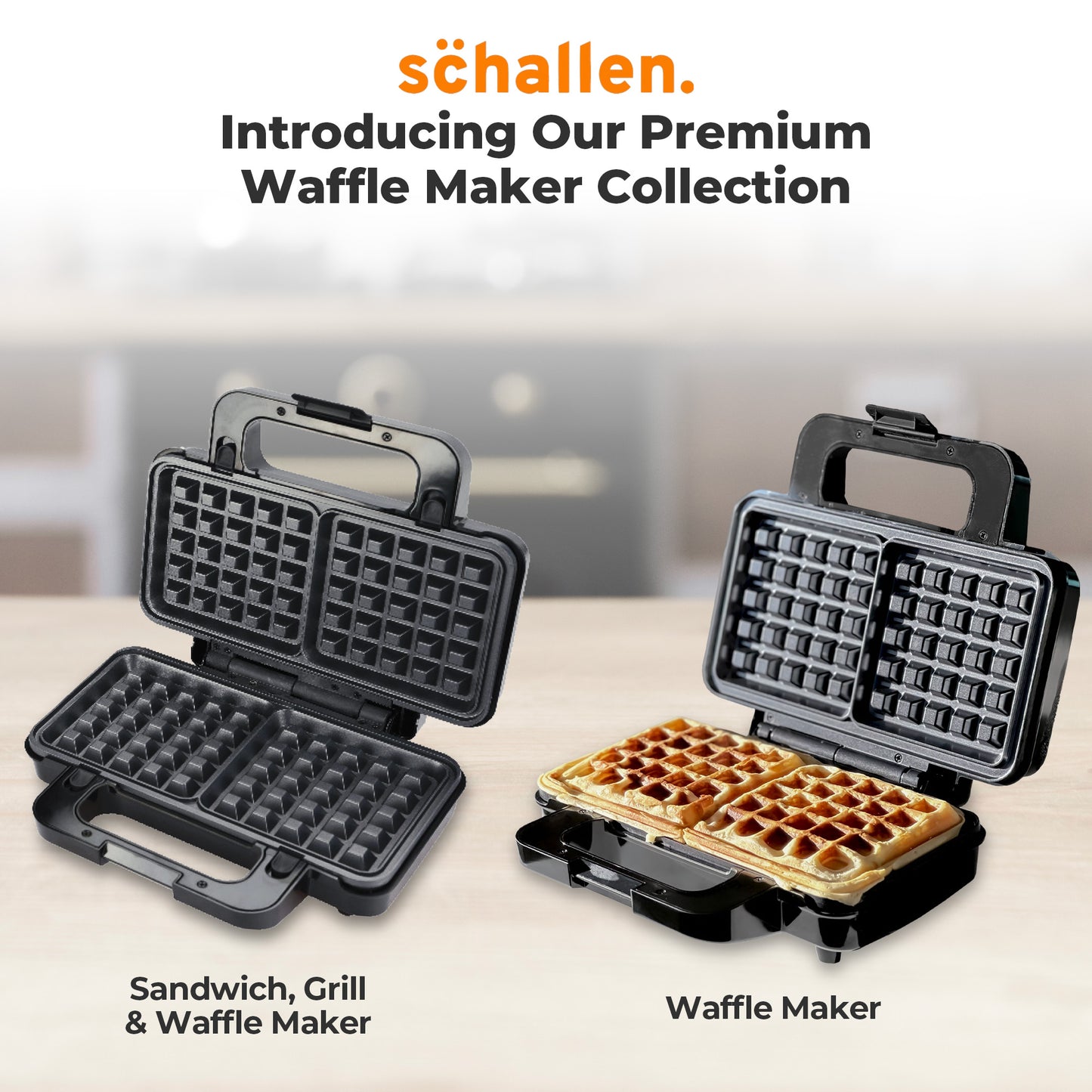 Schallen Waffler Maker, Large 2 Slice Square Non-Stick Hot Plates, Temperature Controlled Belgian Waffle Making Machine for Breakfast or Snacks (Stainless Steel, Black & Silver)