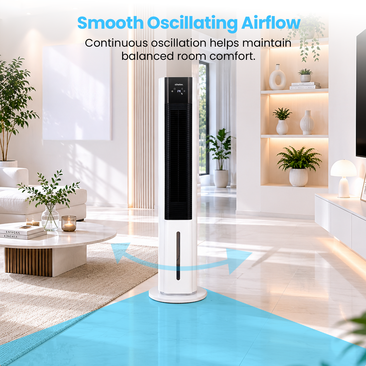 Schallen 5.4L Portable Air Cooler with Remote Control | Evaporative Tower Fan Cooler with 3 Speeds, 12H Timer, Digital & Energy Efficient, 2 Ice Packs in Black & White (Copy)