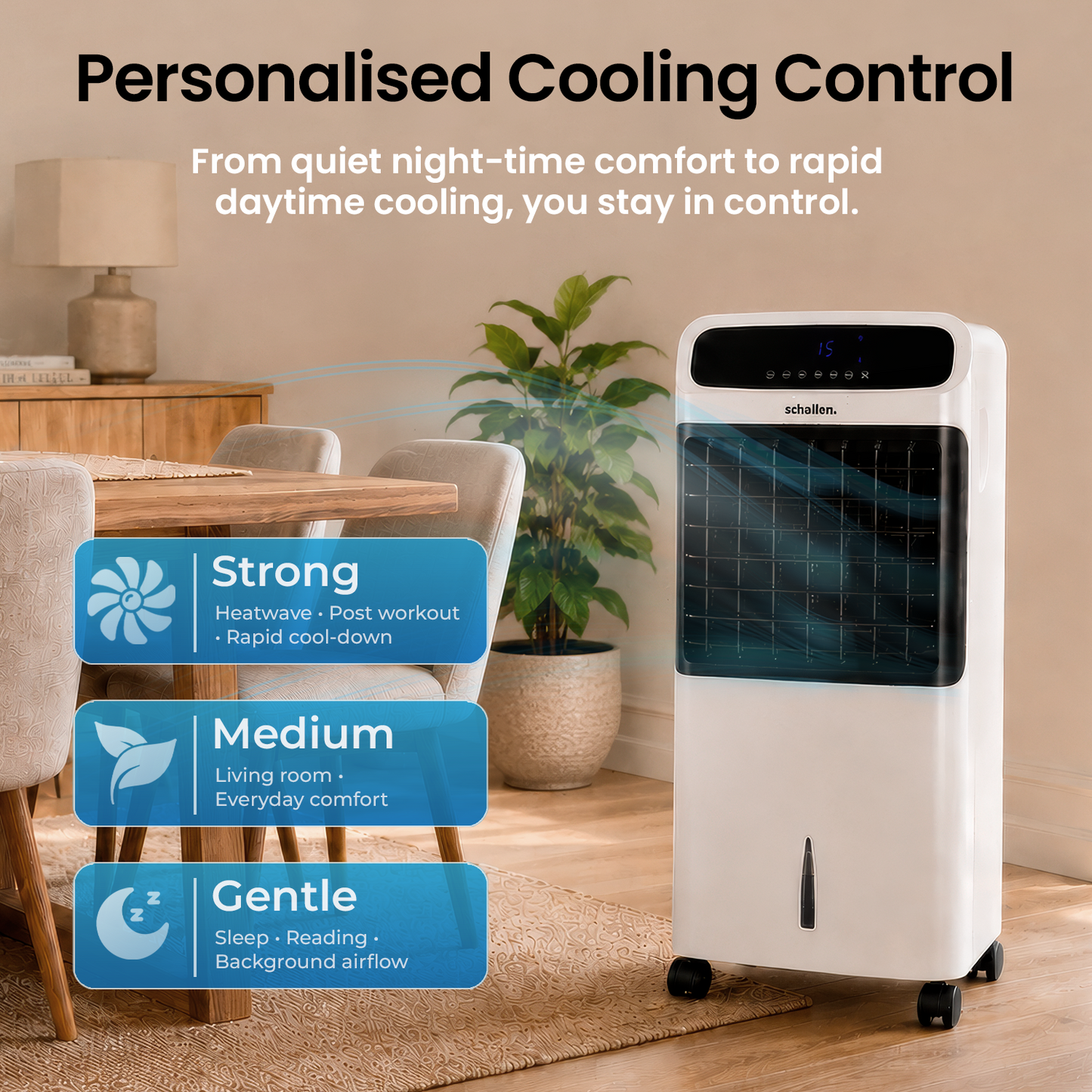 Schallen 12L Portable Air Cooler with Remote Control | Evaporative Tower Fan Cooler with 3 Speeds, 12H Timer, Digital & Energy Efficient, 2 Ice Packs in Black & White (Copy) (Copy) (Copy)