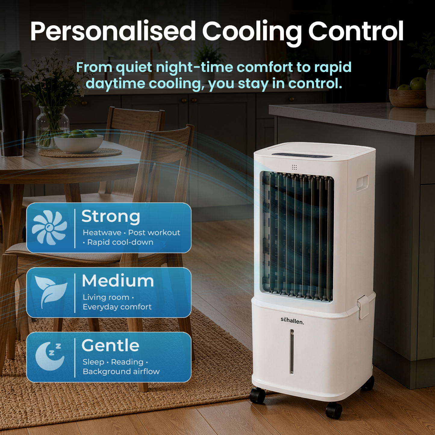 Schallen Portable Air Cooler with Humidifier & Air Purifier, 10L Water Tank, 3 Speed & Mode Settings, Remote Control + 2 Ice Packs