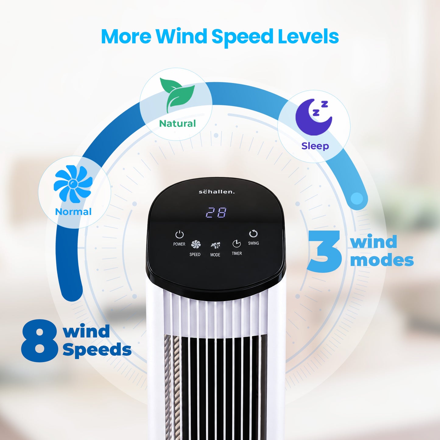 Schallen 36" Tower Fan Oscillating Tall Floor Standing Fan with Remote Control, DC Motor, Digital Display 12H Timer, 8 Speed Settings & 3 Wind Modes | Quiet, Powerful, Energy Efficient Cooling