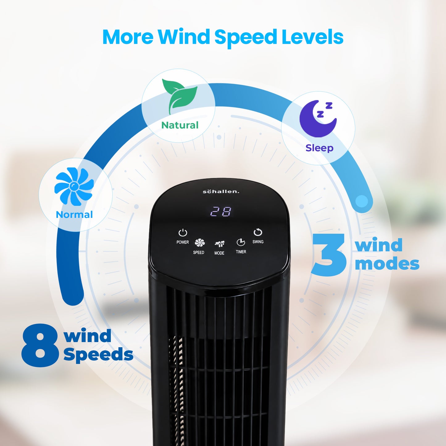 Schallen 36" Tower Fan Oscillating Tall Floor Standing Fan with Remote Control, DC Motor, Digital Display 12H Timer, 8 Speed Settings & 3 Wind Modes | Quiet, Powerful, Energy Efficient Cooling