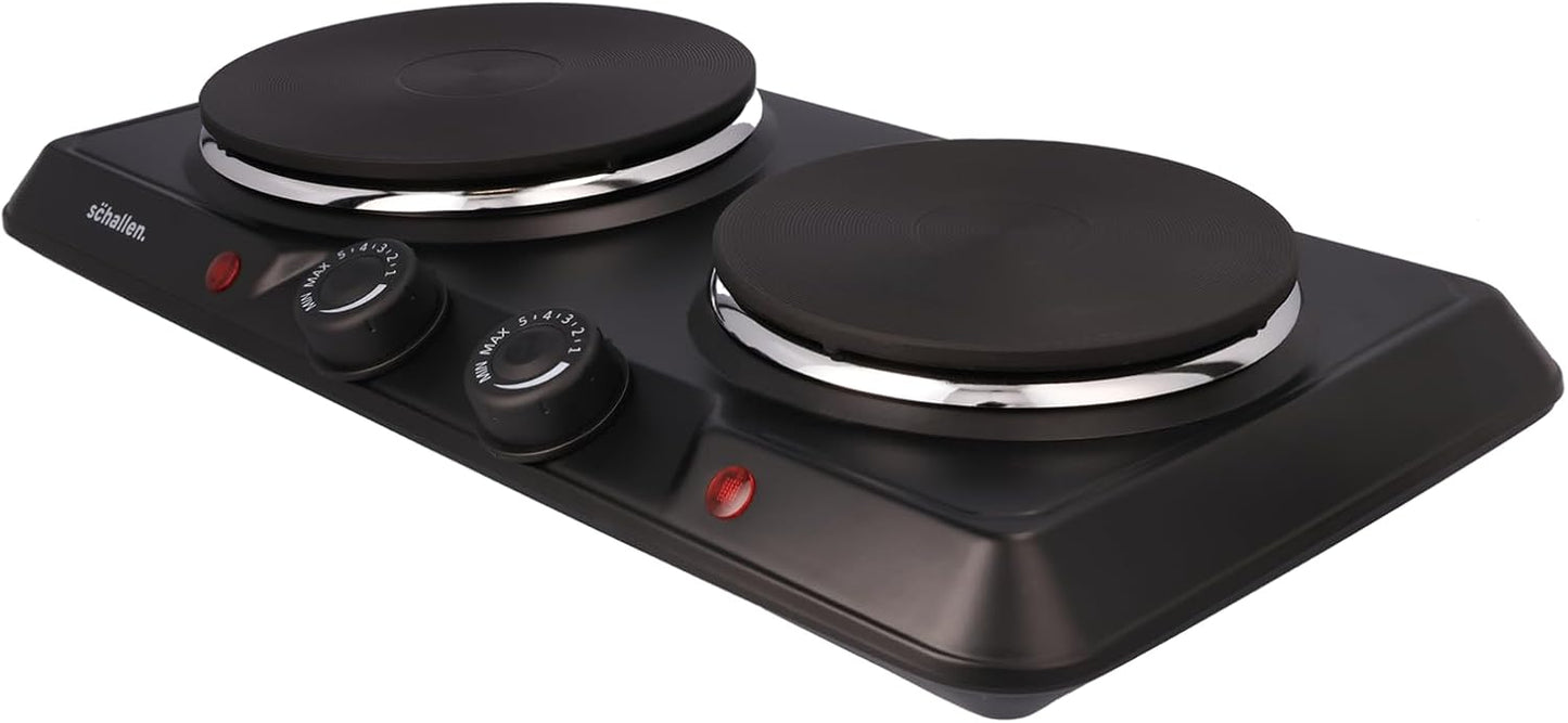 Schallen Electric Double Hot Plate Hob, Portable Tabletop Cooking Hob with Adjustable Thermostat, Ideal for Home, Student Living, Camping, Caravans & Emergency Cooking,  Black