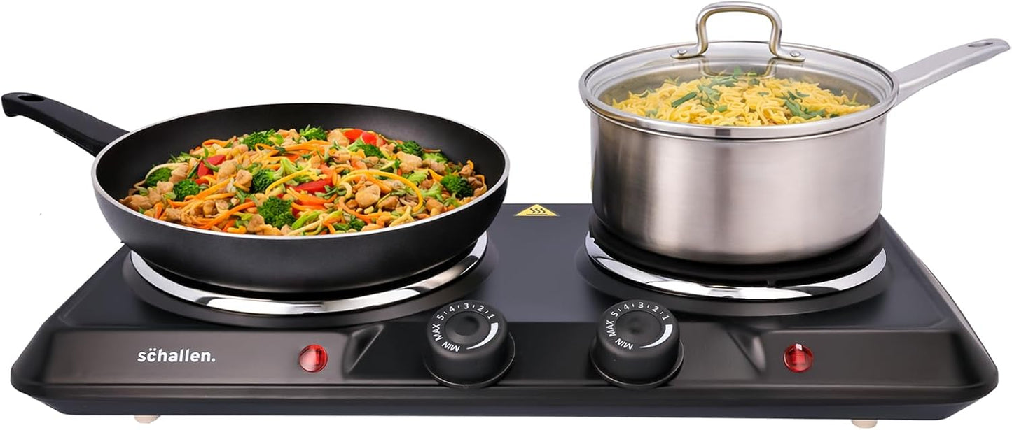 Schallen Electric Double Hot Plate Hob, Portable Tabletop Cooking Hob with Adjustable Thermostat, Ideal for Home, Student Living, Camping, Caravans & Emergency Cooking,  Black