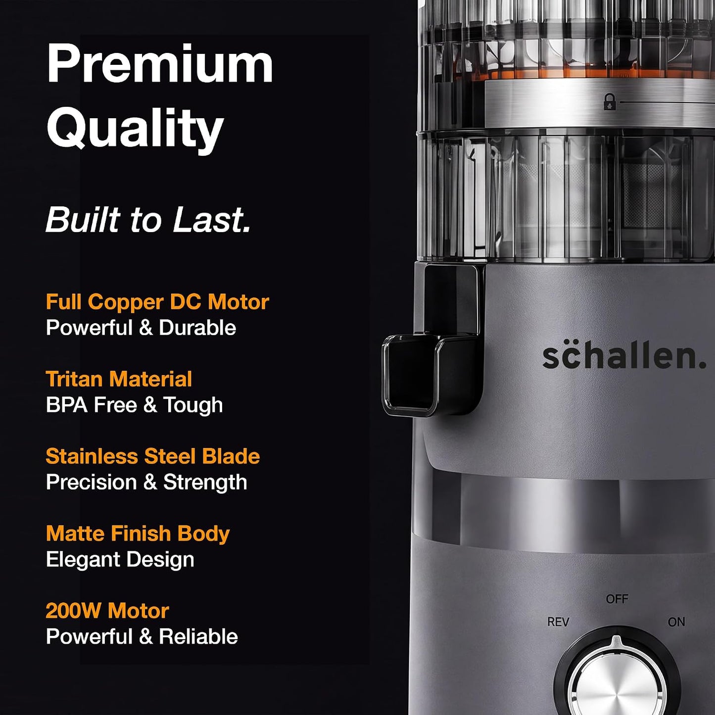 Schallen Juicer Machine – Large 135mm Feed Chute with Pre-Cutting Function for Whole Fruit & Veg, 1.5L Juicer with 2 Cups, Easy Clean, Cold Press Slow Juicer in Matt Black