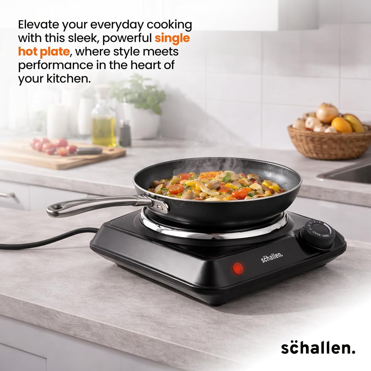 Schallen Electric Single Hot Plate Hob, Portable Tabletop Cooking Hob with Adjustable Thermostat, Ideal for Home, Student Living, Camping, Caravans & Emergency Cooking,  Black