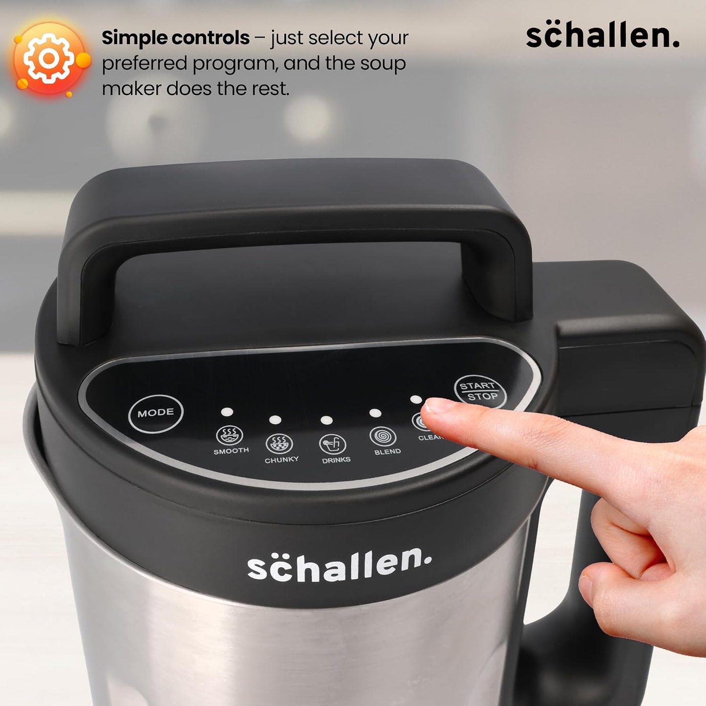 Schallen Electric Soup Maker 1.2L – Stainless Steel Jug & Blade, 800W Heating, 140W Motor, Intelligent Control, Auto Clean, Dry Burn Protection & Overspill Sensor – Ideal for Smooth & Chunky Soups