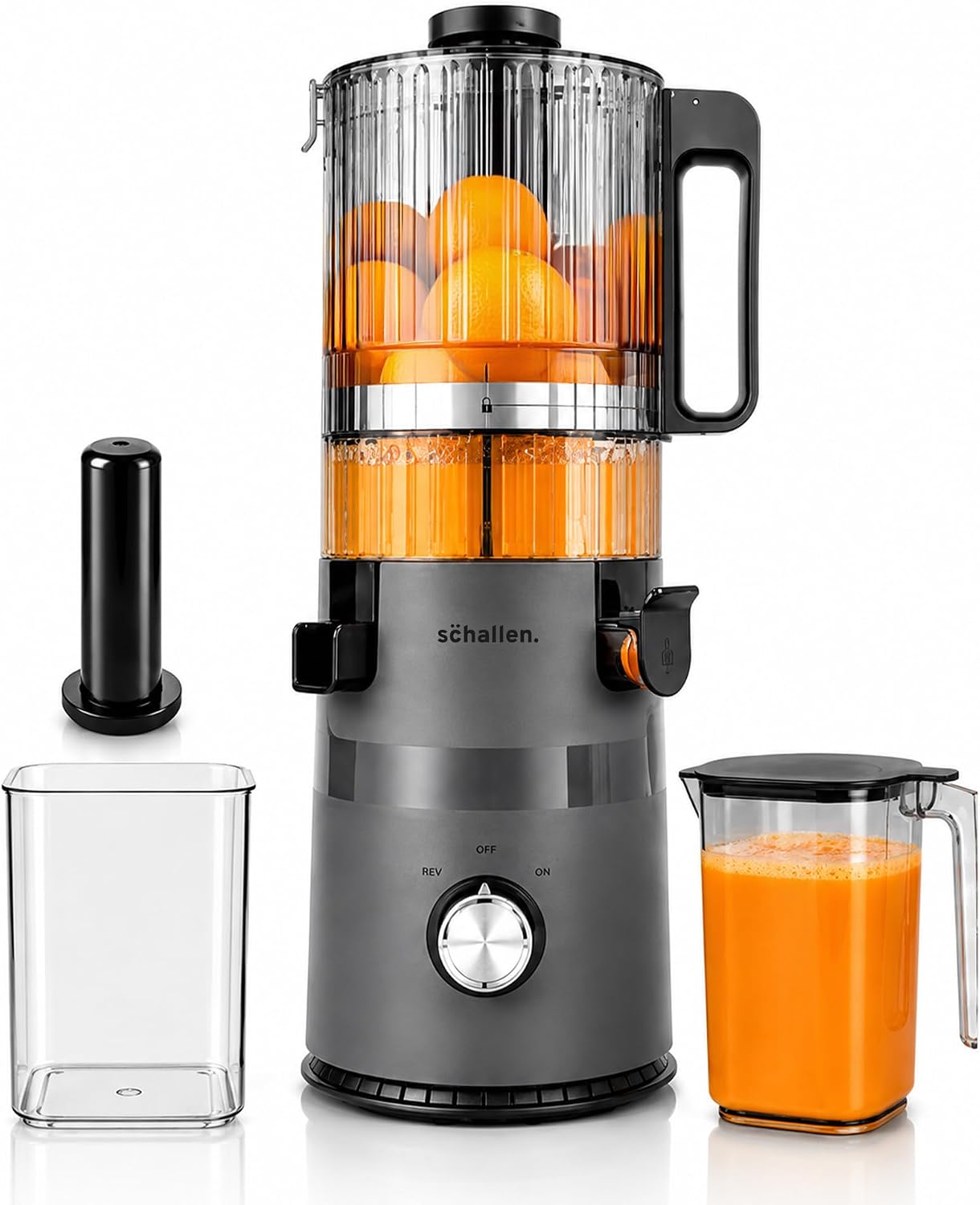Schallen Juicer Machine – Large 135mm Feed Chute with Pre-Cutting Function for Whole Fruit & Veg, 1.5L Juicer with 2 Cups, Easy Clean, Cold Press Slow Juicer in Matt Black