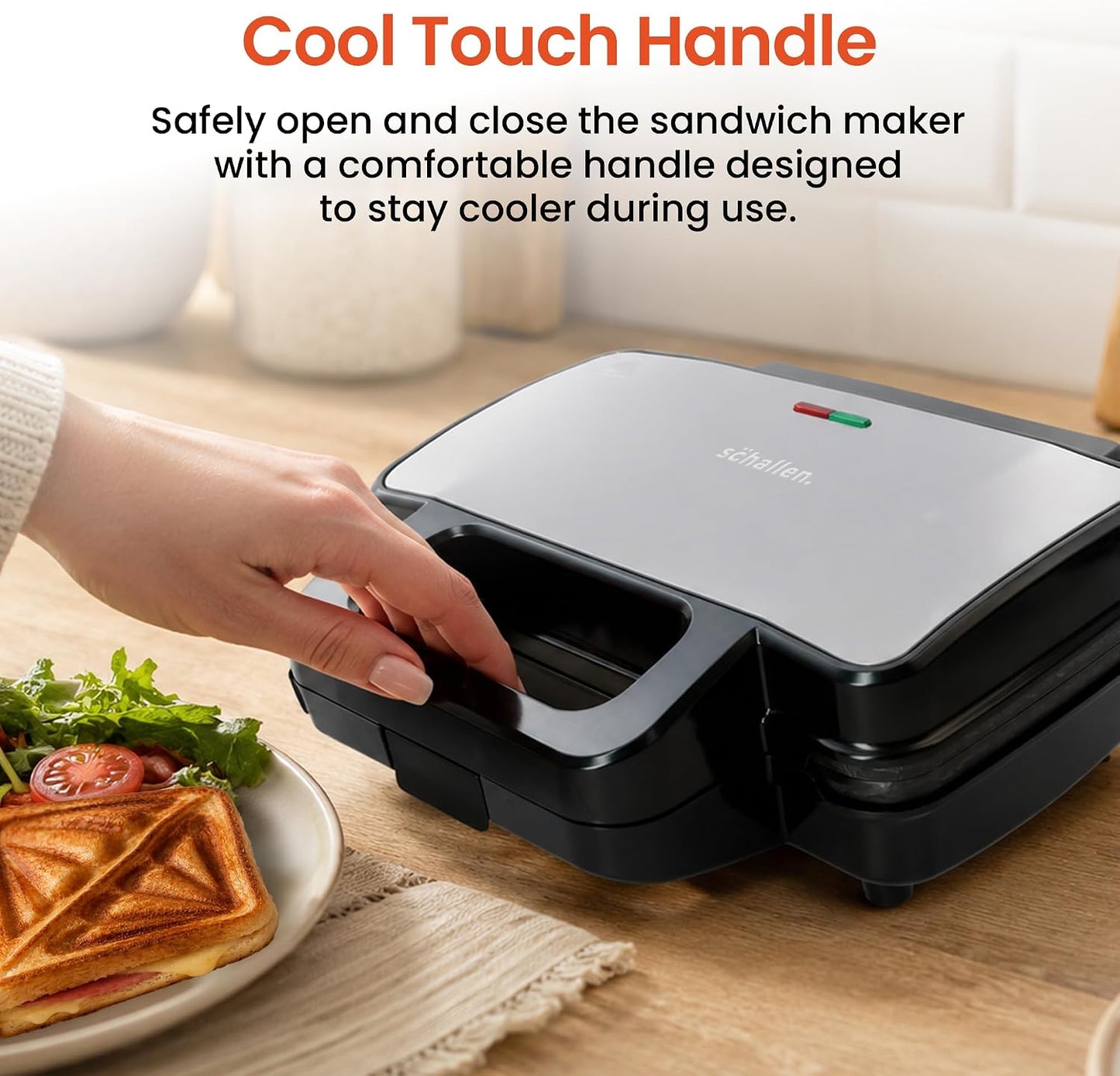 Schallen Sandwich Toaster Maker & Toastie Maker Butty Toasting Machine - Deep Fill Non-Stick Hot Plates – 4 Slice Electric Grill Press for Toasted Cheese Snacks Lunch Breakfast - Black & Silver