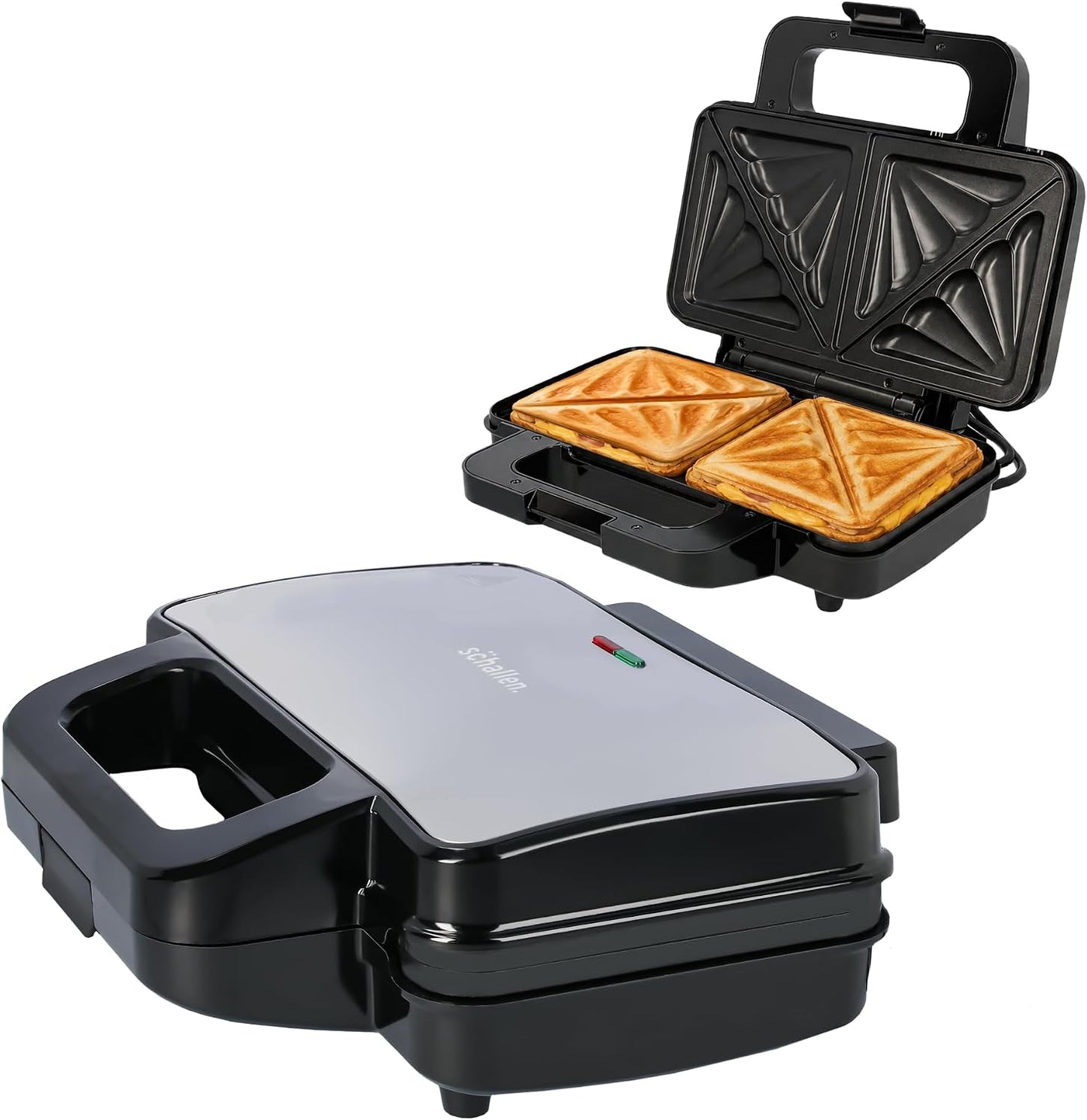 Schallen Sandwich Toaster Maker & Toastie Maker Butty Toasting Machine - Deep Fill Non-Stick Hot Plates – 4 Slice Electric Grill Press for Toasted Cheese Snacks Lunch Breakfast - Black & Silver