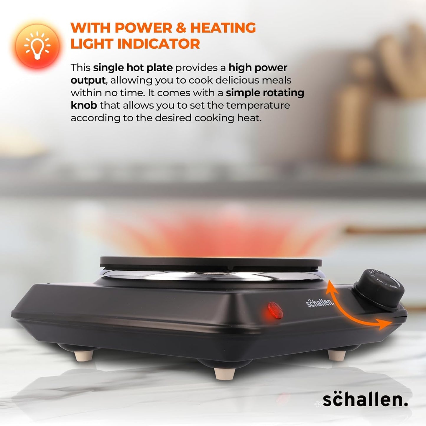 Schallen Electric Single Hot Plate Hob, Portable Tabletop Cooking Hob with Adjustable Thermostat, Ideal for Home, Student Living, Camping, Caravans & Emergency Cooking,  Black