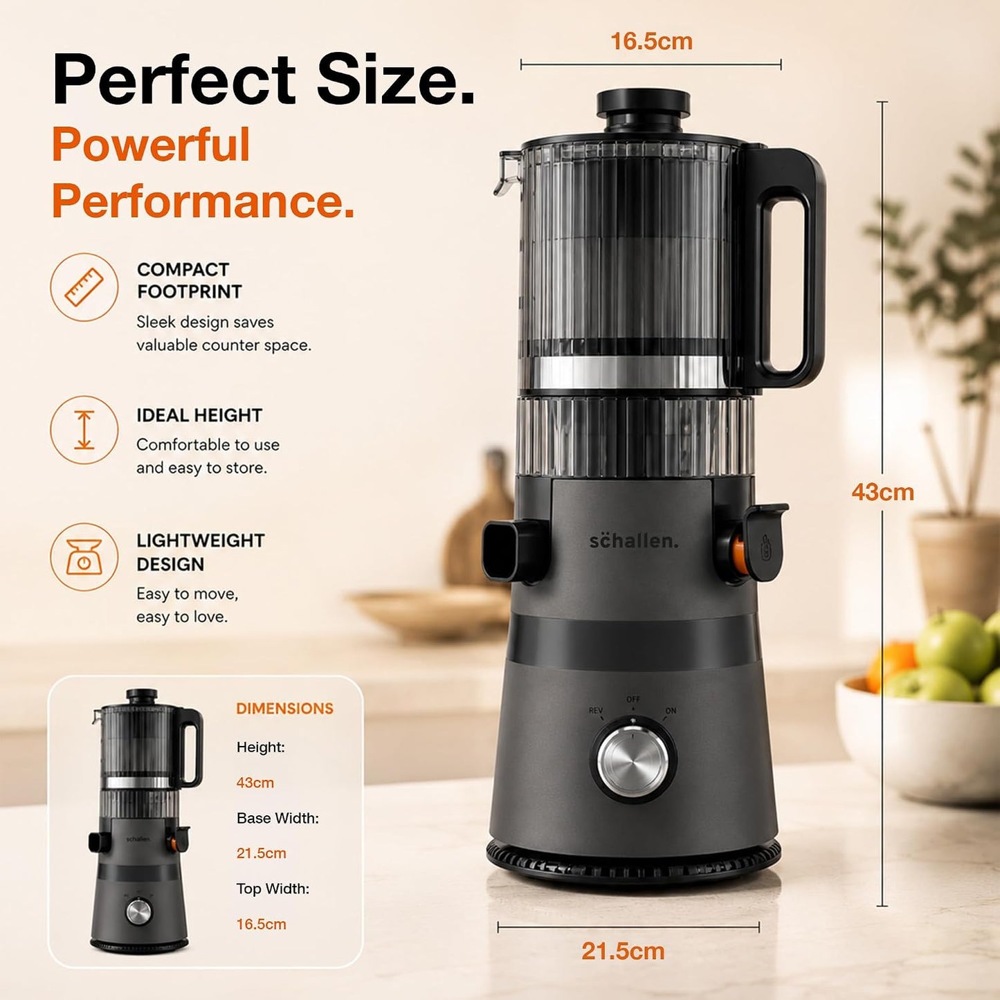 Schallen Juicer Machine – Large 135mm Feed Chute with Pre-Cutting Function for Whole Fruit & Veg, 1.5L Juicer with 2 Cups, Easy Clean, Cold Press Slow Juicer in Matt Black