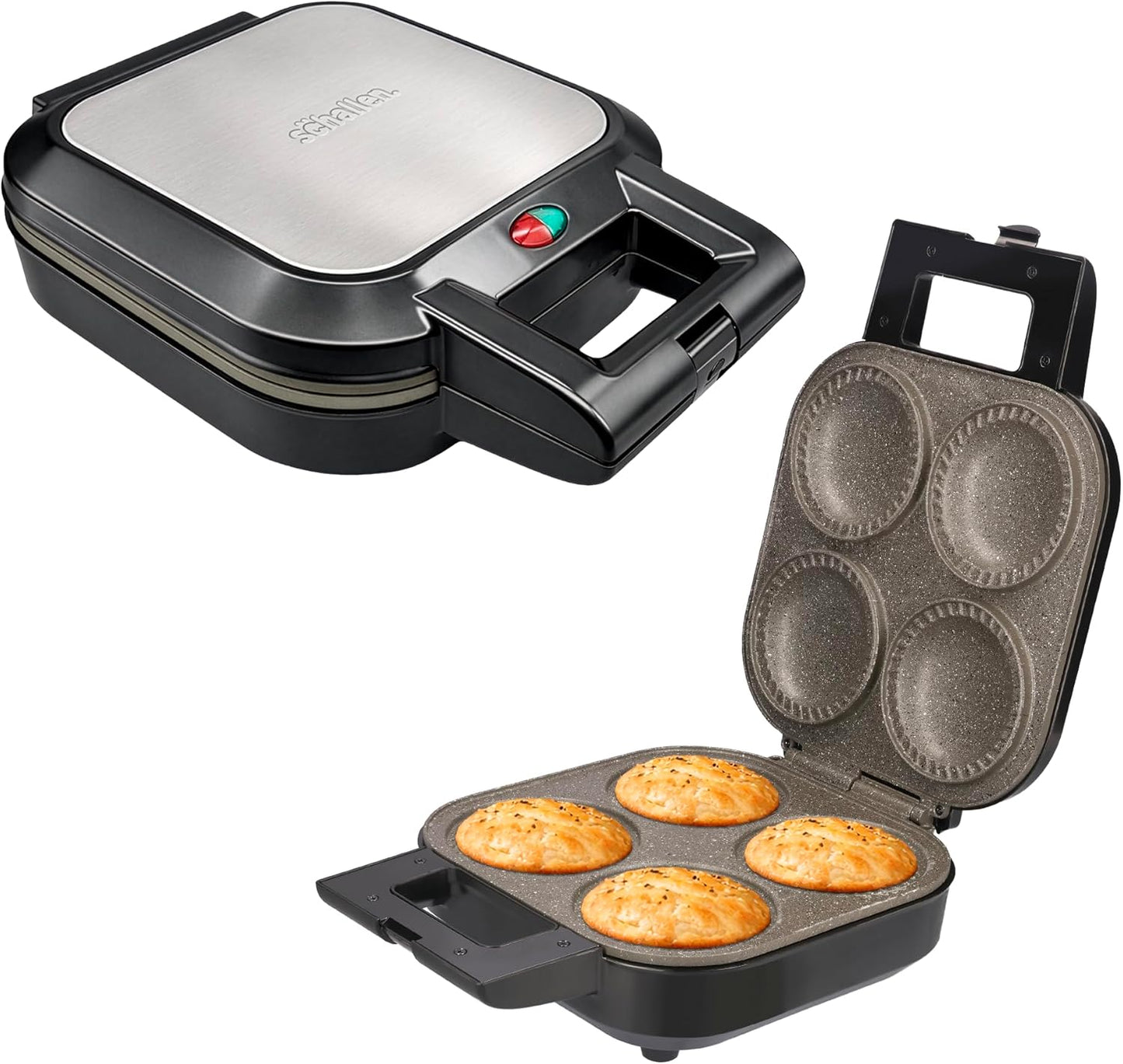 Schallen Electric Non-Stick Deep Fill Quad Pie Maker Machine, Bake Traditional British Pies, Silver Stainless Steel with Locking Latch (4 Pie Maker)