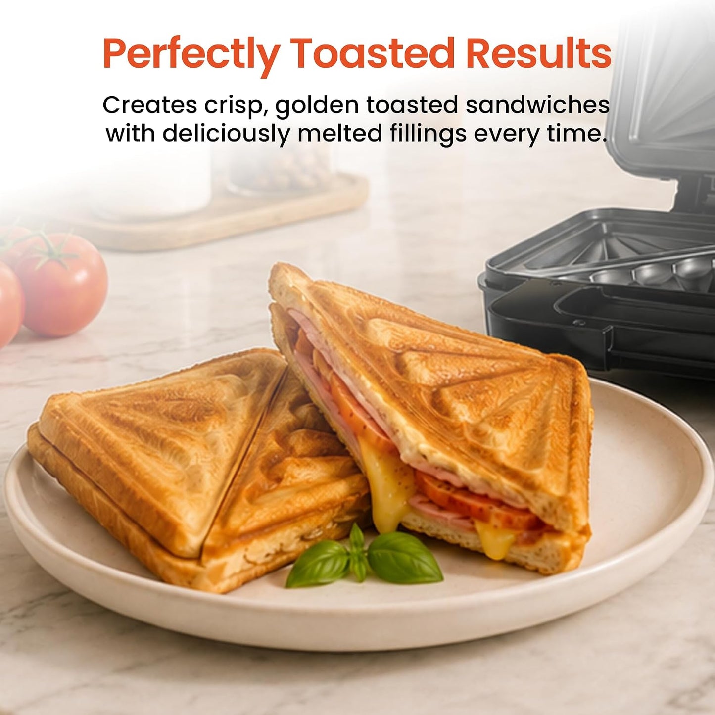 Schallen Sandwich Toaster Maker & Toastie Maker Butty Toasting Machine - Deep Fill Non-Stick Hot Plates – 4 Slice Electric Grill Press for Toasted Cheese Snacks Lunch Breakfast - Black & Silver