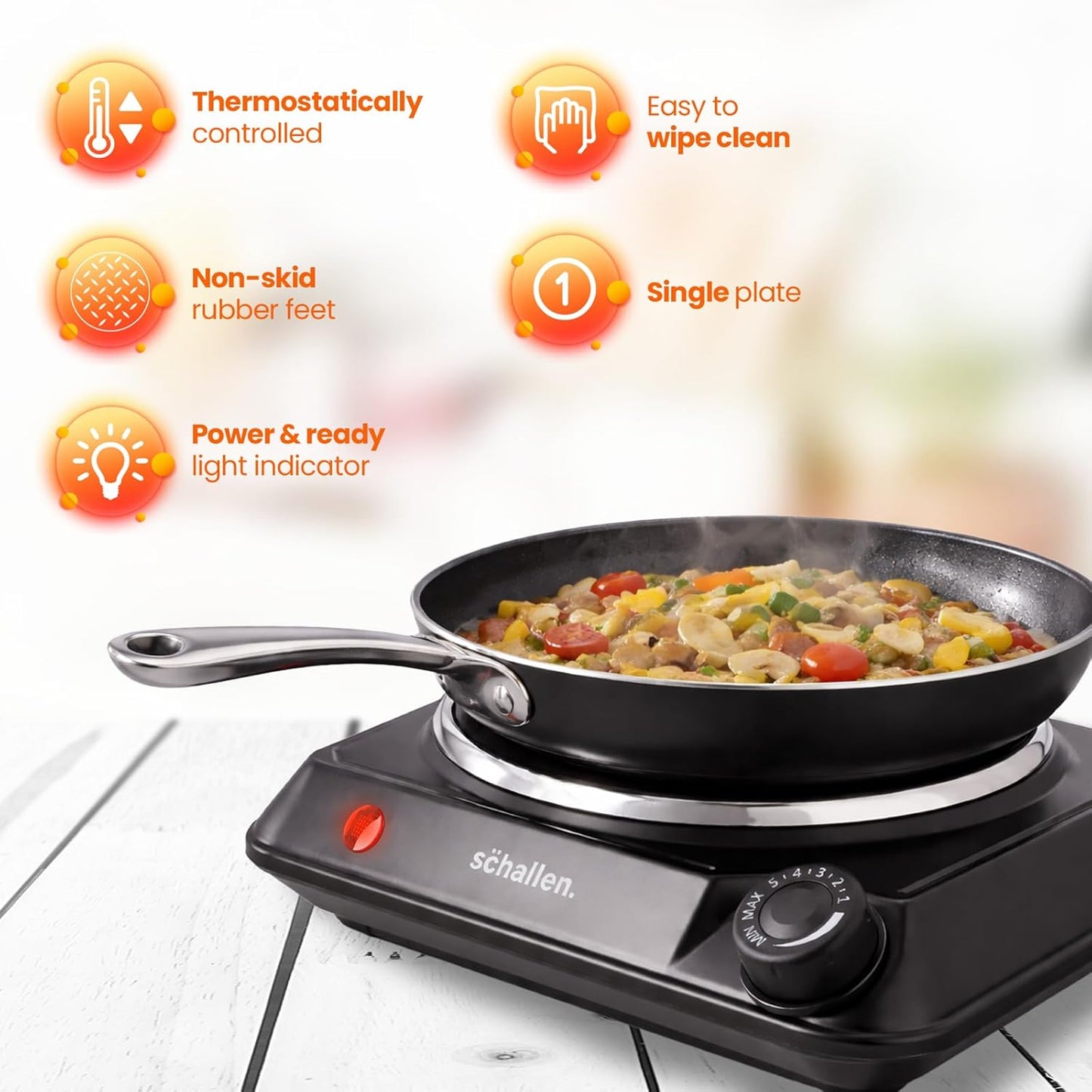 Schallen Electric Single Hot Plate Hob, Portable Tabletop Cooking Hob with Adjustable Thermostat, Ideal for Home, Student Living, Camping, Caravans & Emergency Cooking,  Black
