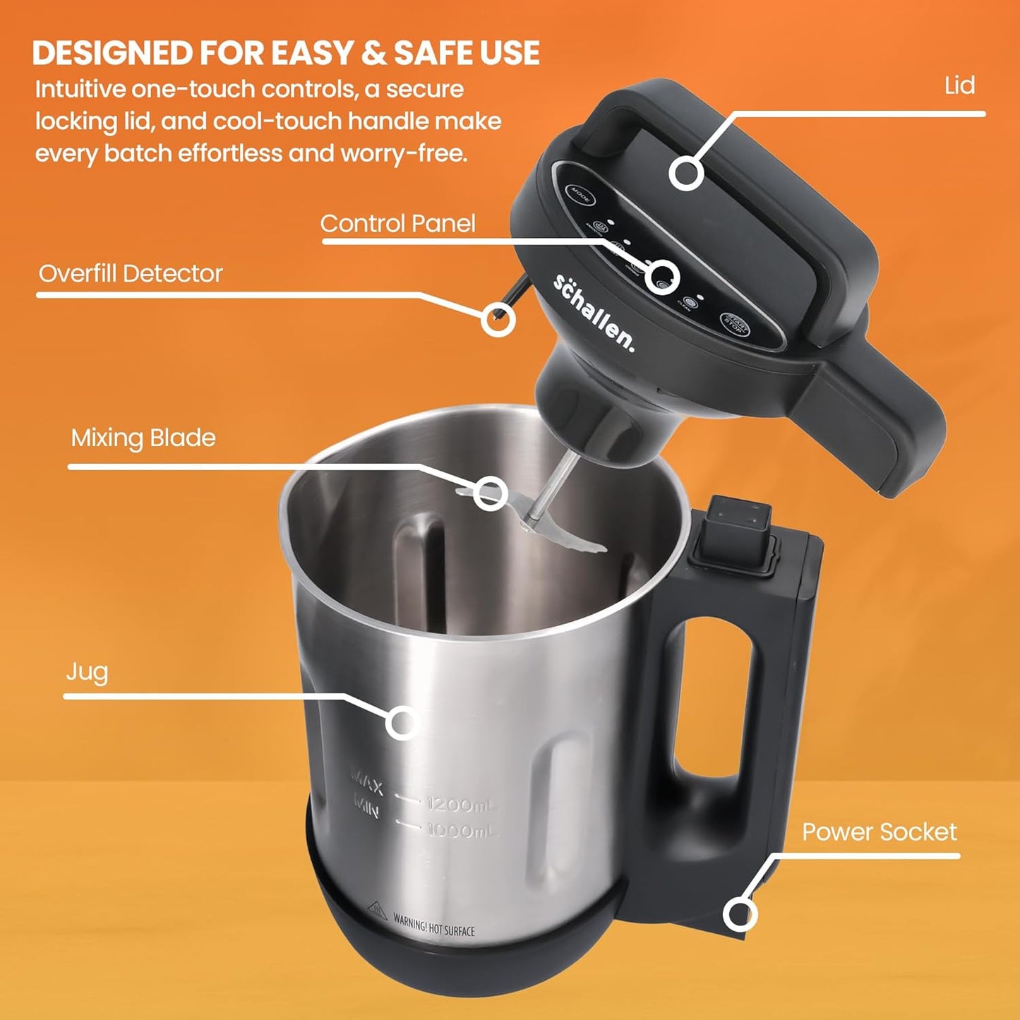Schallen Electric Soup Maker 1.2L – Stainless Steel Jug & Blade, 800W Heating, 140W Motor, Intelligent Control, Auto Clean, Dry Burn Protection & Overspill Sensor – Ideal for Smooth & Chunky Soups
