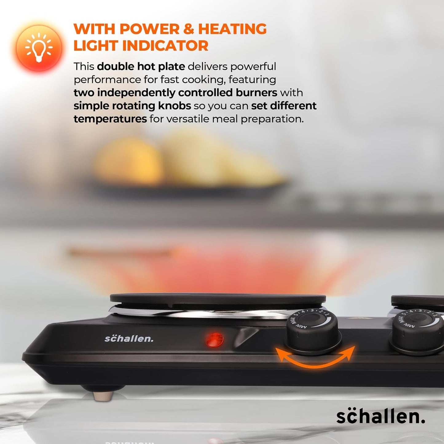 Schallen Electric Double Hot Plate Hob, Portable Tabletop Cooking Hob with Adjustable Thermostat, Ideal for Home, Student Living, Camping, Caravans & Emergency Cooking,  Black