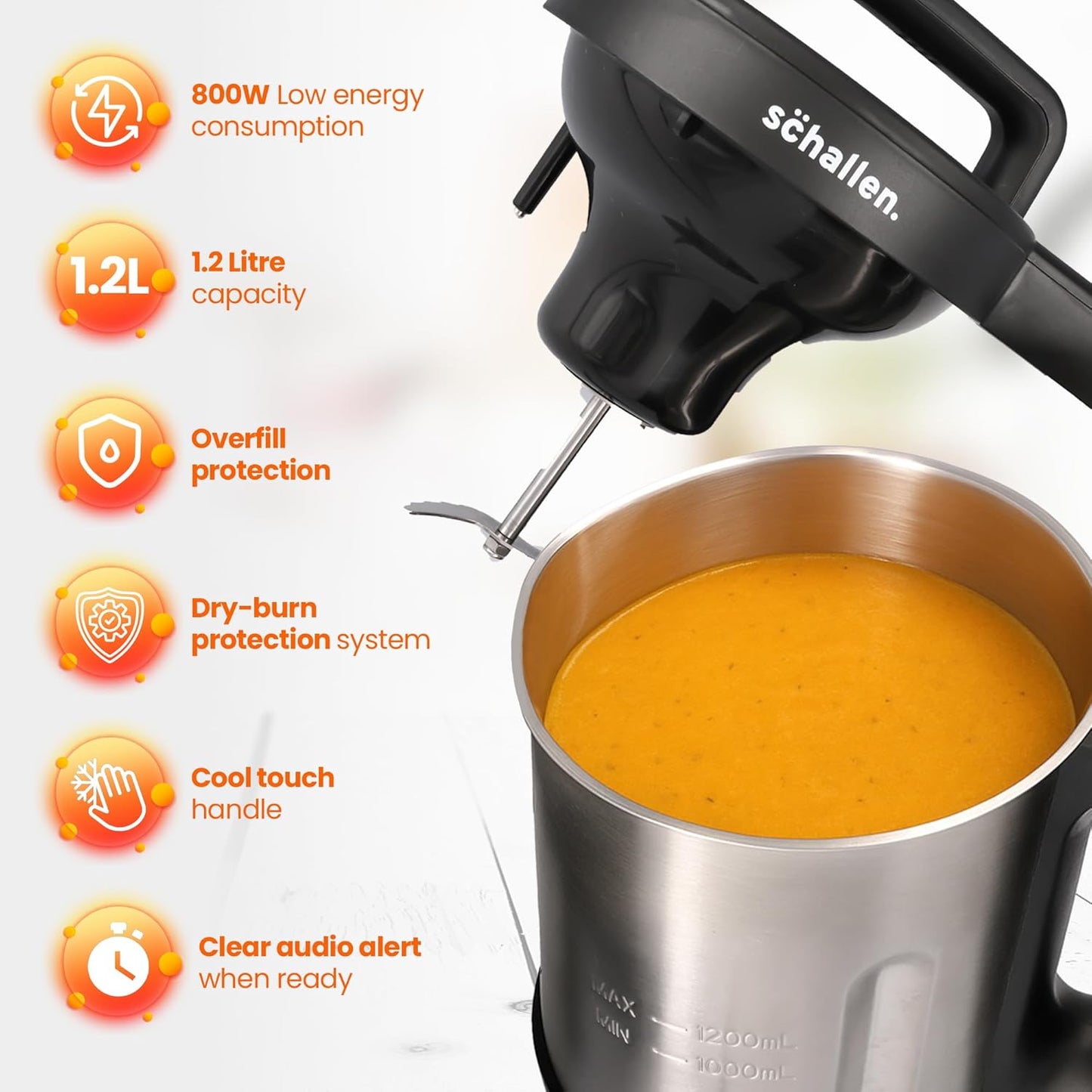 Schallen Electric Soup Maker 1.2L – Stainless Steel Jug & Blade, 800W Heating, 140W Motor, Intelligent Control, Auto Clean, Dry Burn Protection & Overspill Sensor – Ideal for Smooth & Chunky Soups