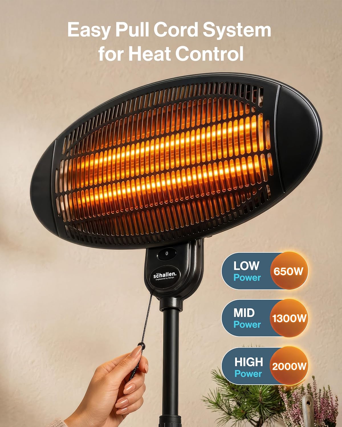 Schallen Outdoor Garden Heater | Floor Free Standing Patio Heater | IPX4 Waterproof Quartz Tube Heater for Terrace Patio Balcony Outdoor
