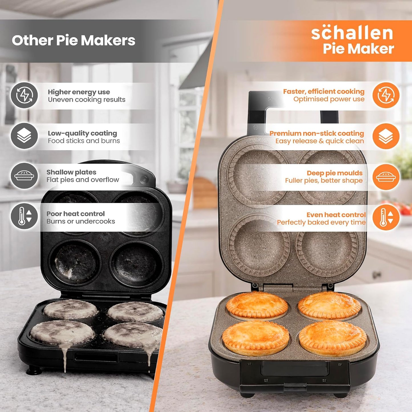 Schallen Electric Non-Stick Deep Fill Quad Pie Maker Machine, Bake Traditional British Pies, Silver Stainless Steel with Locking Latch (4 Pie Maker)