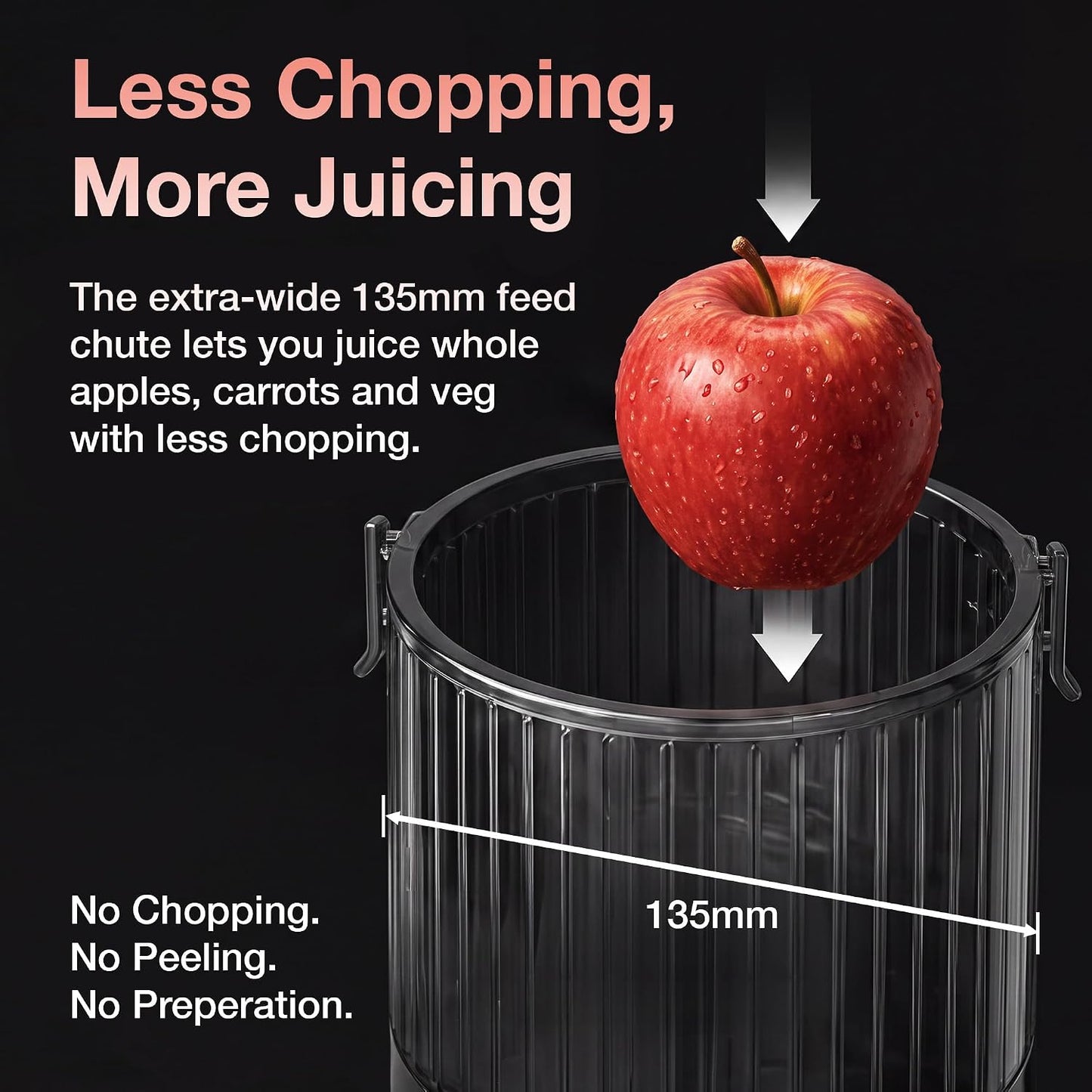 Schallen Juicer Machine – Large 135mm Feed Chute with Pre-Cutting Function for Whole Fruit & Veg, 1.5L Juicer with 2 Cups, Easy Clean, Cold Press Slow Juicer in Matt Black