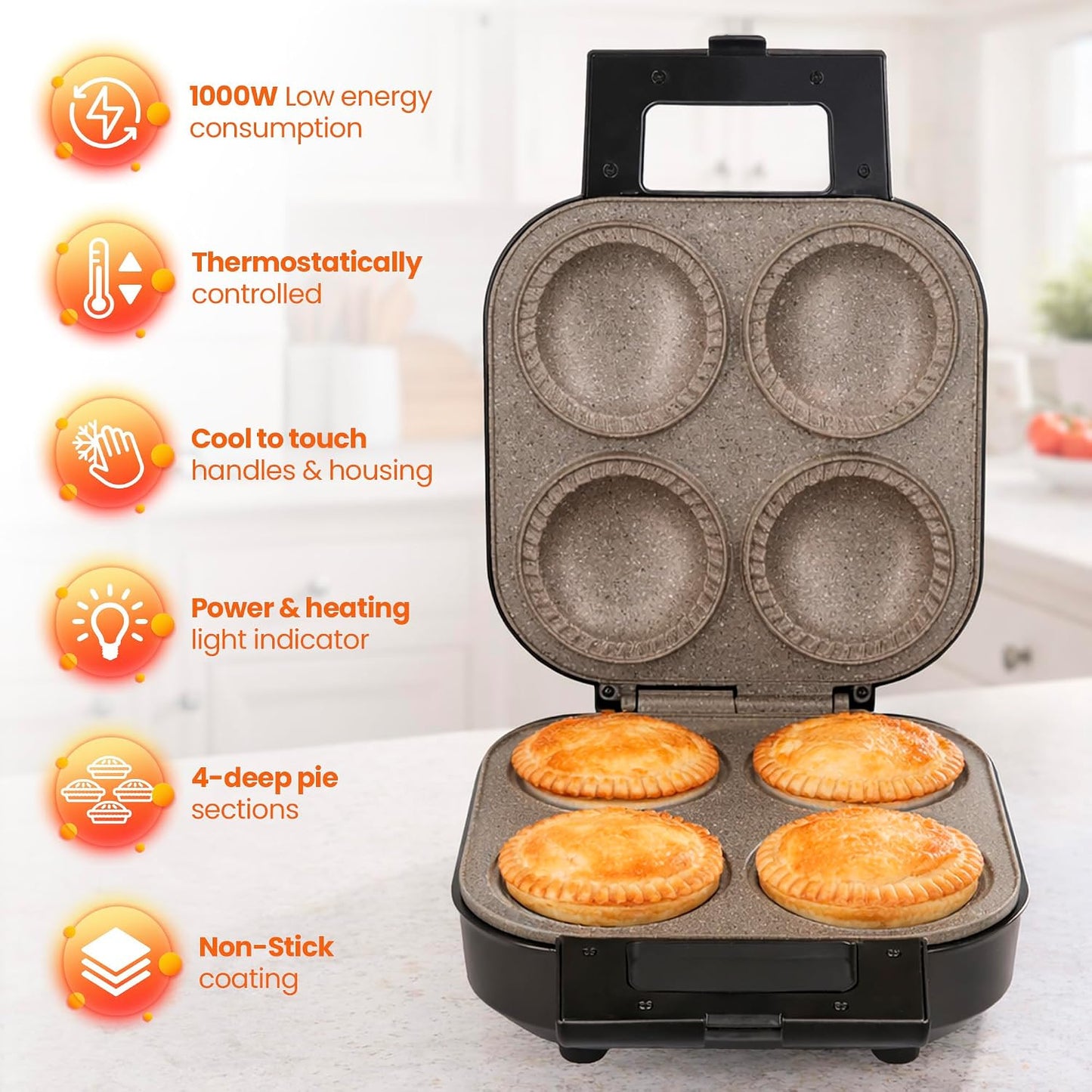 Schallen Electric Non-Stick Deep Fill Quad Pie Maker Machine, Bake Traditional British Pies, Silver Stainless Steel with Locking Latch (4 Pie Maker)