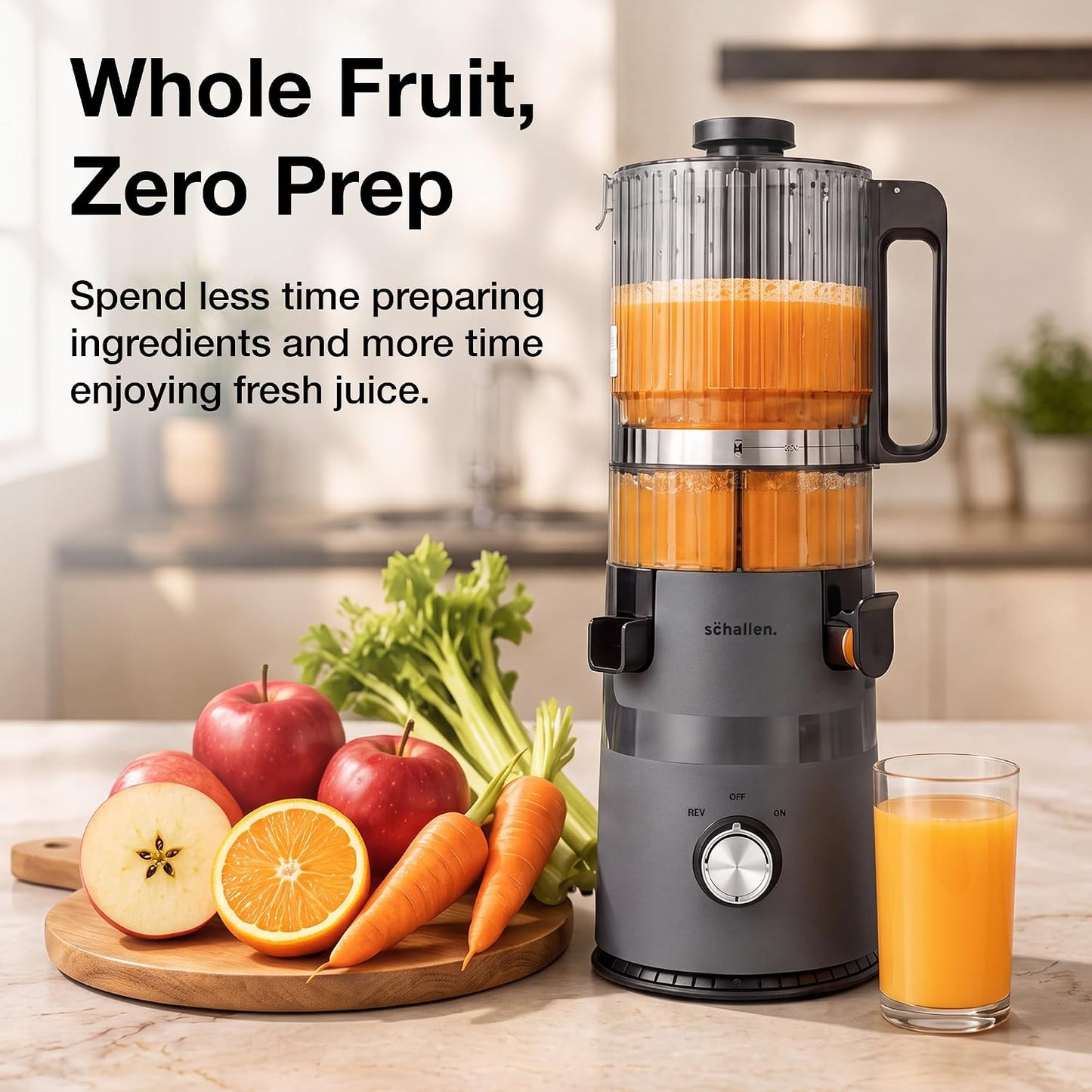 Schallen Juicer Machine – Large 135mm Feed Chute with Pre-Cutting Function for Whole Fruit & Veg, 1.5L Juicer with 2 Cups, Easy Clean, Cold Press Slow Juicer in Matt Black
