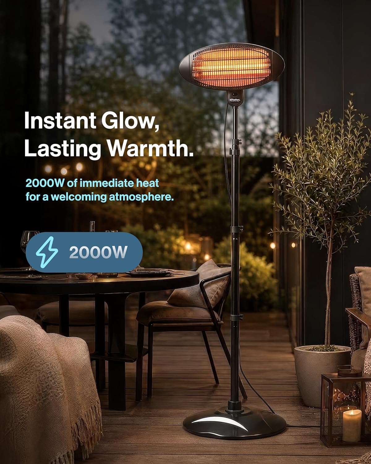 Schallen Outdoor Garden Heater | Floor Free Standing Patio Heater | IPX4 Waterproof Quartz Tube Heater for Terrace Patio Balcony Outdoor