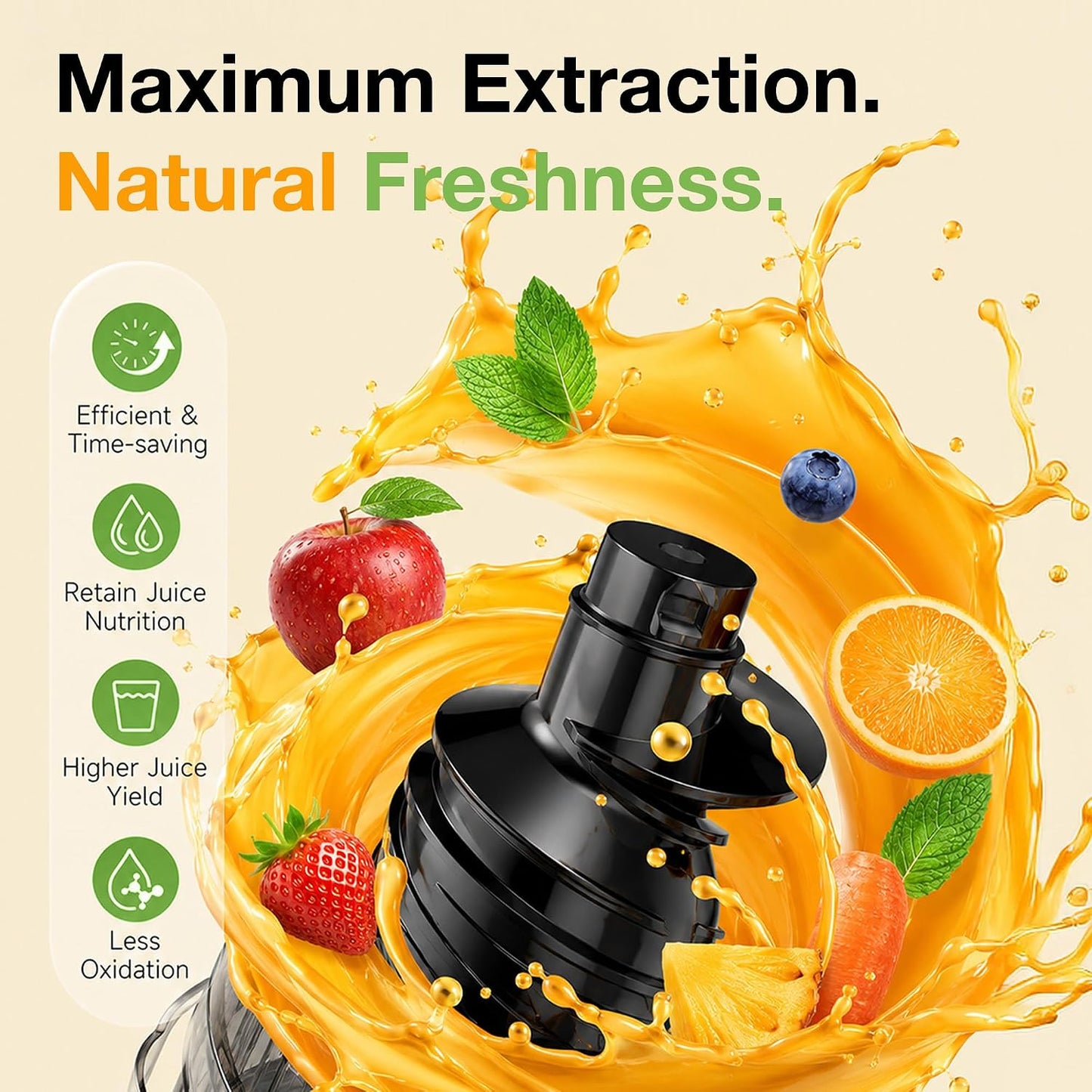 Schallen Juicer Machine – Large 135mm Feed Chute with Pre-Cutting Function for Whole Fruit & Veg, 1.5L Juicer with 2 Cups, Easy Clean, Cold Press Slow Juicer in Matt Black