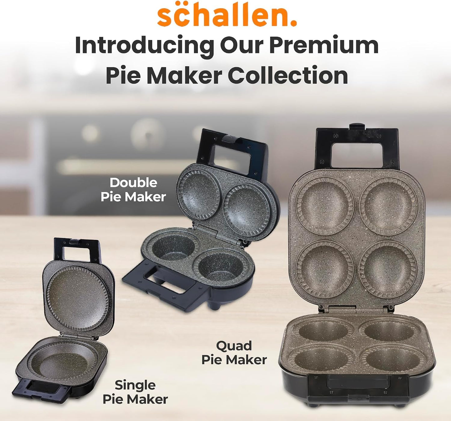 Schallen Electric Non-Stick Deep Fill Quad Pie Maker Machine, Bake Traditional British Pies, Silver Stainless Steel with Locking Latch (4 Pie Maker)