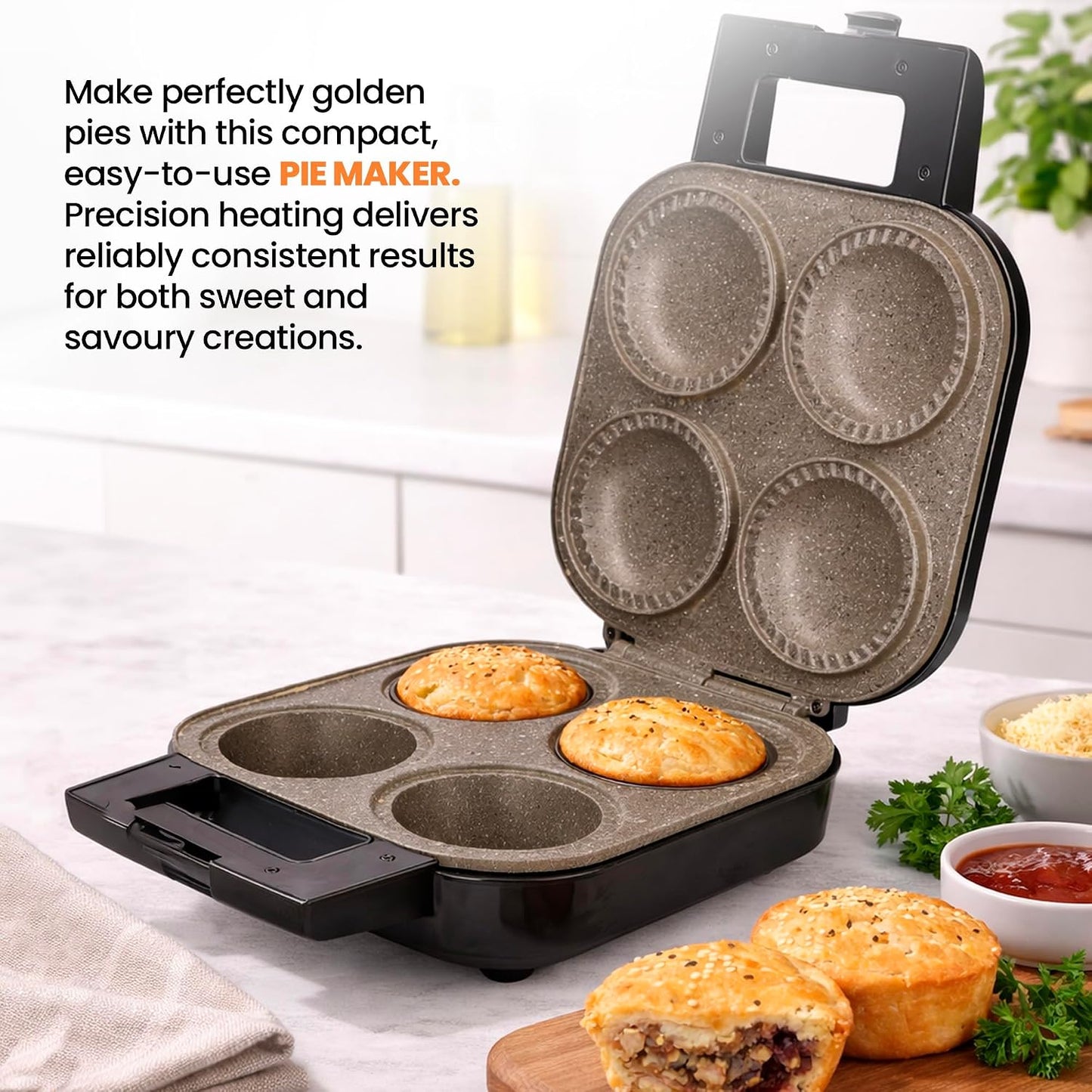 Schallen Electric Non-Stick Deep Fill Quad Pie Maker Machine, Bake Traditional British Pies, Silver Stainless Steel with Locking Latch (4 Pie Maker)