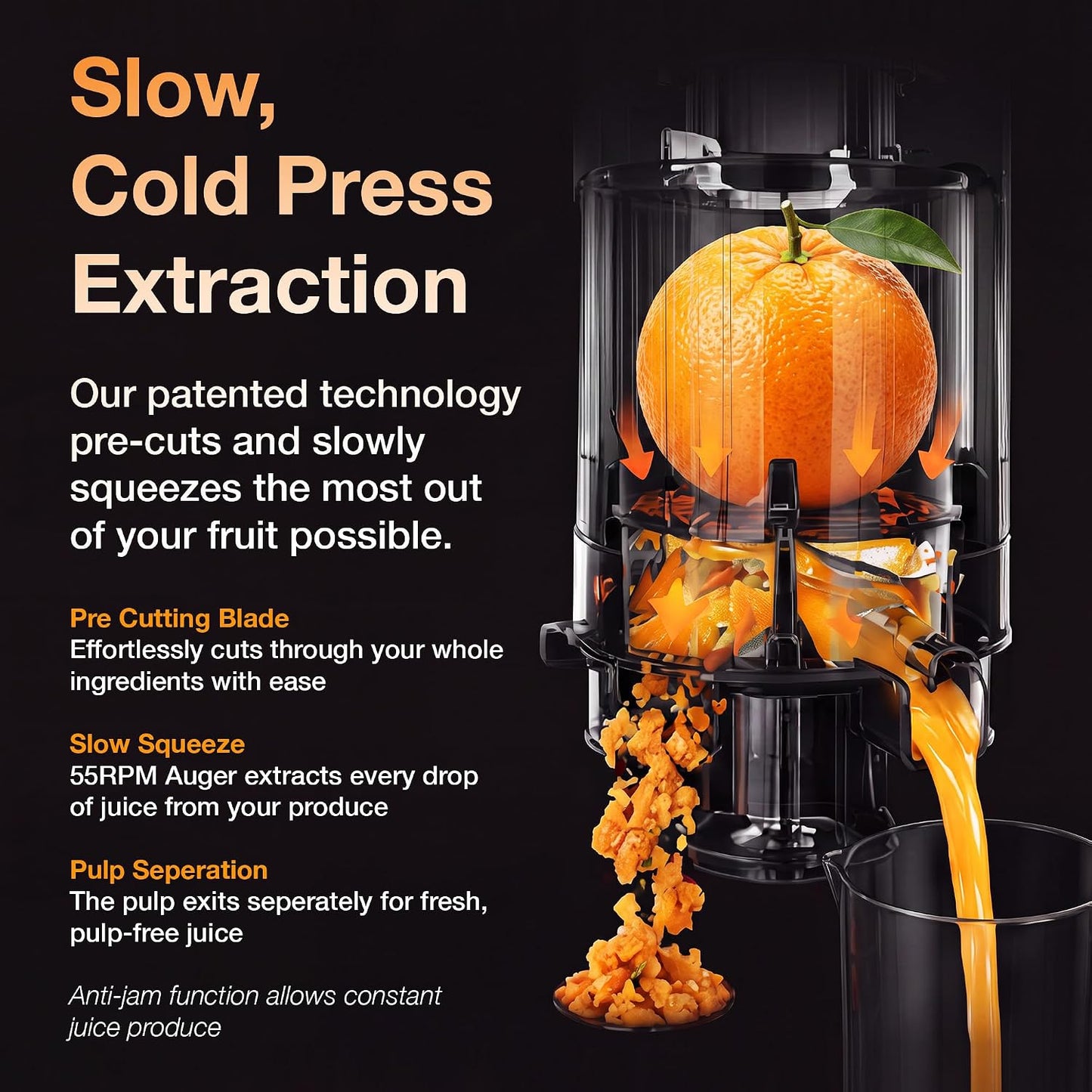 Schallen Juicer Machine – Large 135mm Feed Chute with Pre-Cutting Function for Whole Fruit & Veg, 1.5L Juicer with 2 Cups, Easy Clean, Cold Press Slow Juicer in Matt Black
