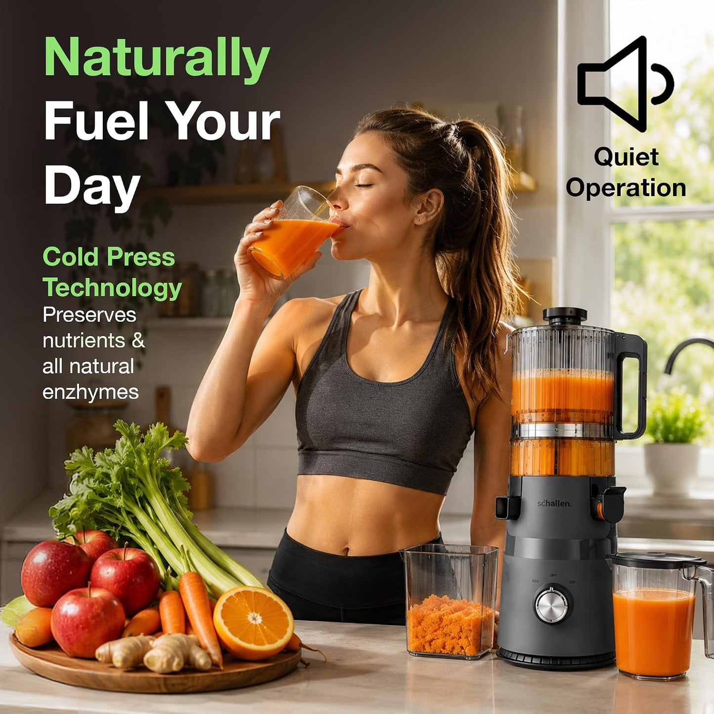Schallen Juicer Machine – Large 135mm Feed Chute with Pre-Cutting Function for Whole Fruit & Veg, 1.5L Juicer with 2 Cups, Easy Clean, Cold Press Slow Juicer in Matt Black