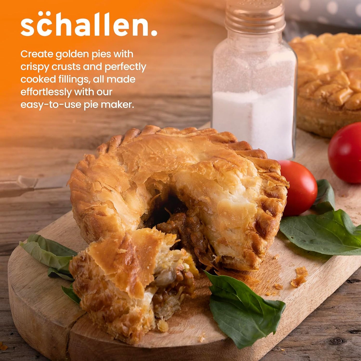 Schallen Electric Non-Stick Deep Fill Quad Pie Maker Machine, Bake Traditional British Pies, Silver Stainless Steel with Locking Latch (4 Pie Maker)
