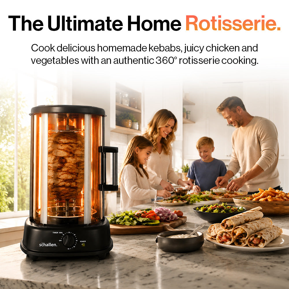 Schallen Electric 1500W 360° Rotating 21L Rotisserie Grill for Kebabs, Skewers and Roasts