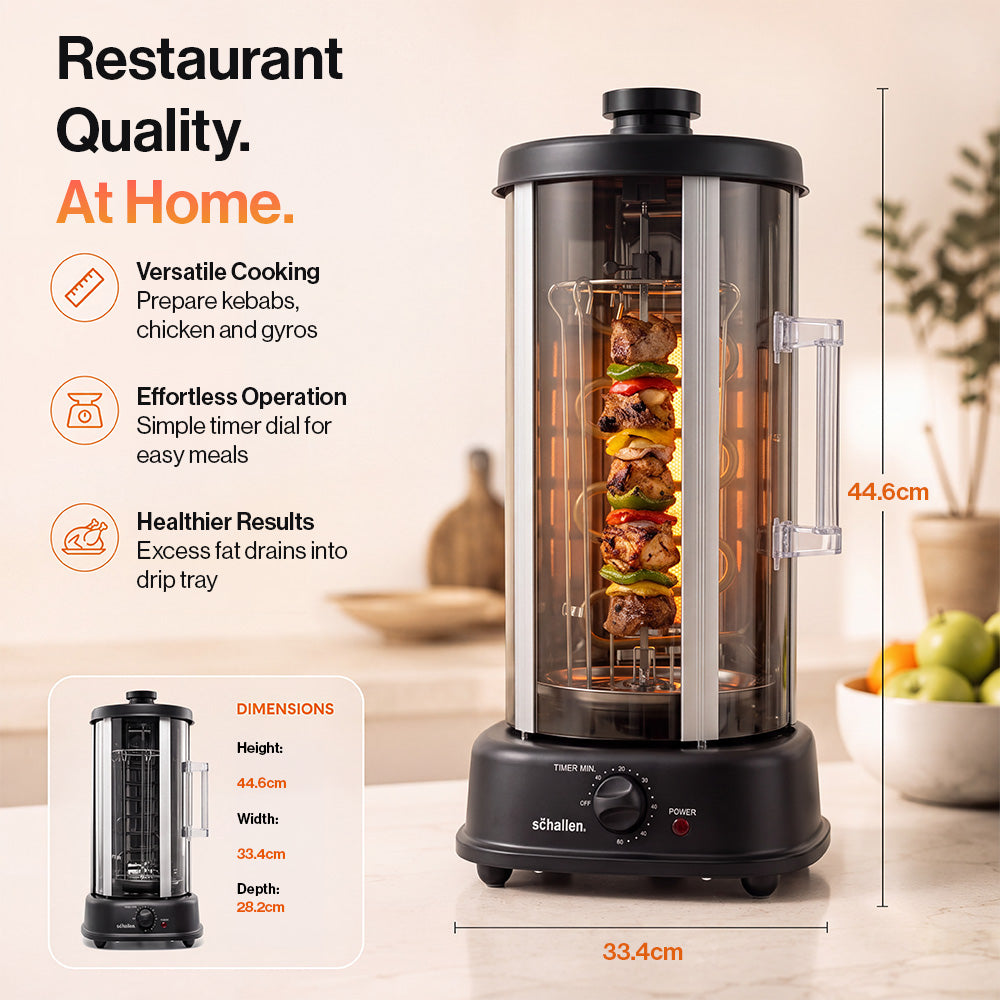 Schallen Electric 1500W 360° Rotating 21L Rotisserie Grill for Kebabs, Skewers and Roasts