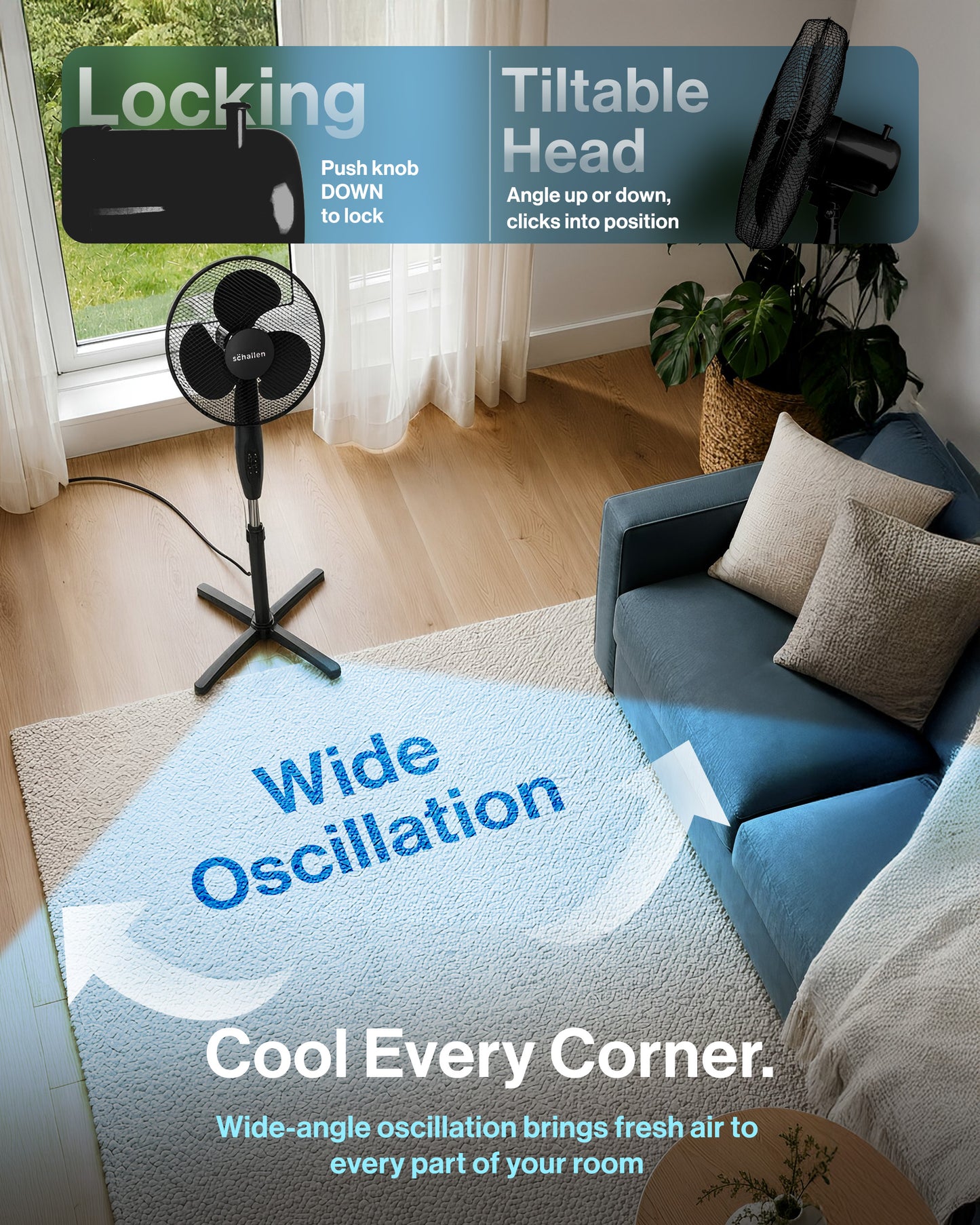 Schallen 16" Electric Oscillating Floor Standing Tall Pedestal Air Cooling Fan - Black