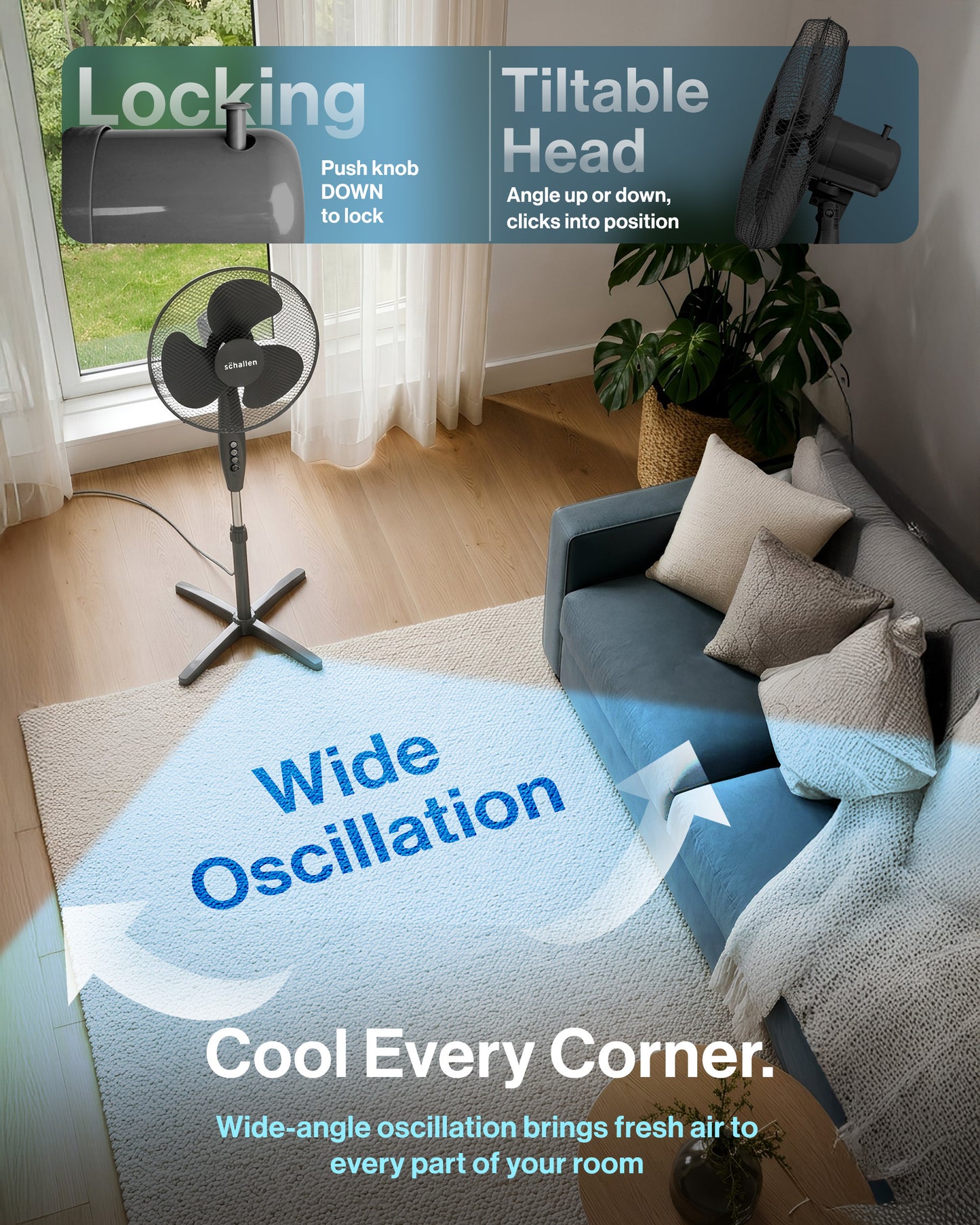 Schallen 16" Electric Oscillating Floor Standing Tall Pedestal Air Cooling Fan - Grey