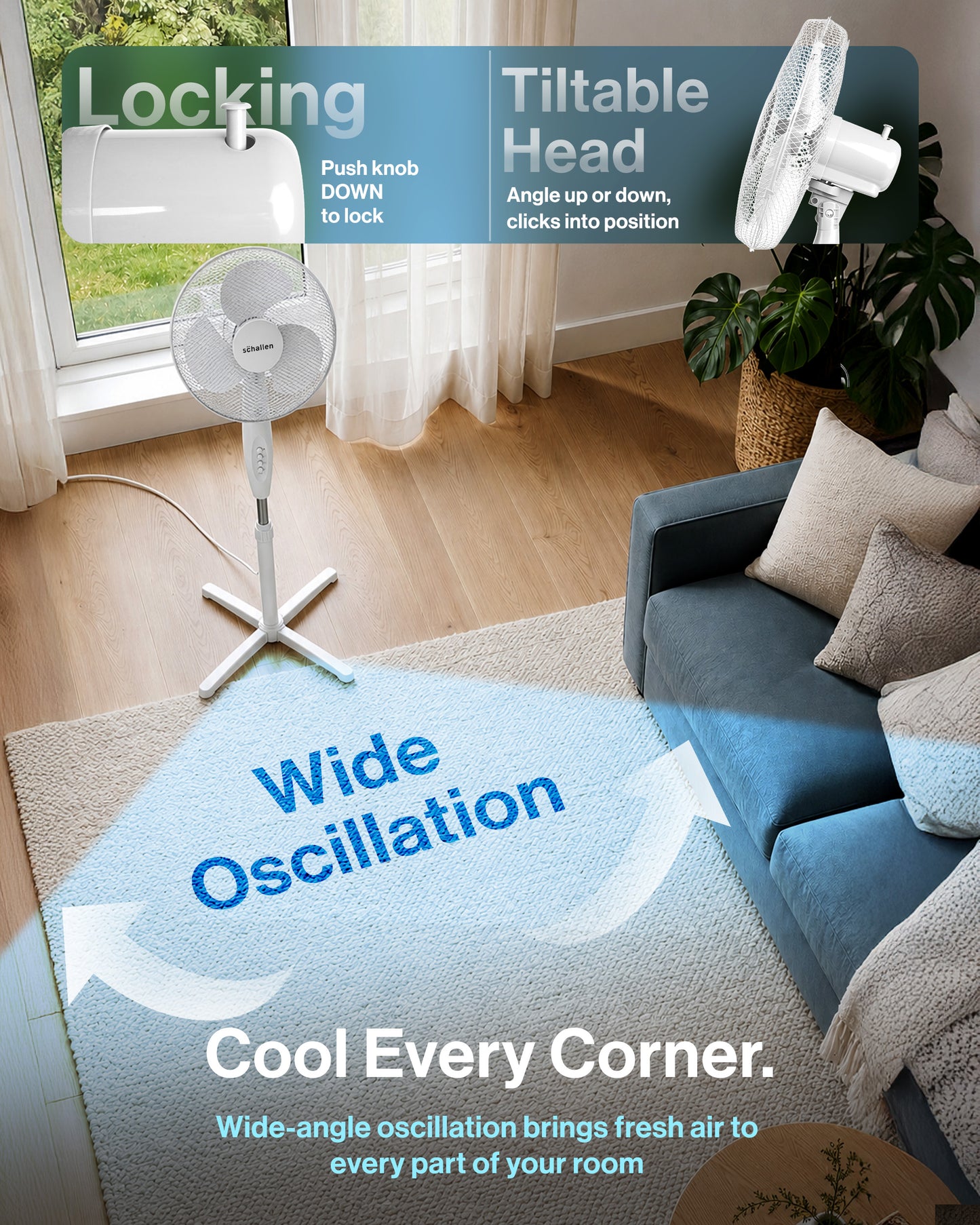 Schallen 16" Electric Oscillating Floor Standing Tall Pedestal Air Cooling Fan - White